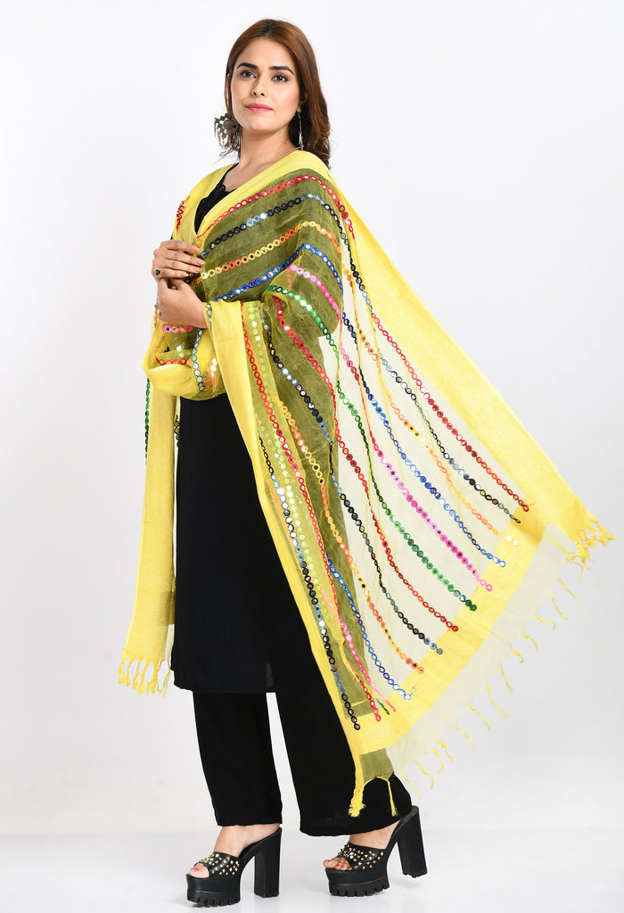 Women's Orgenza Multi Thread Mirror Work Lemon Yellow Dupatta