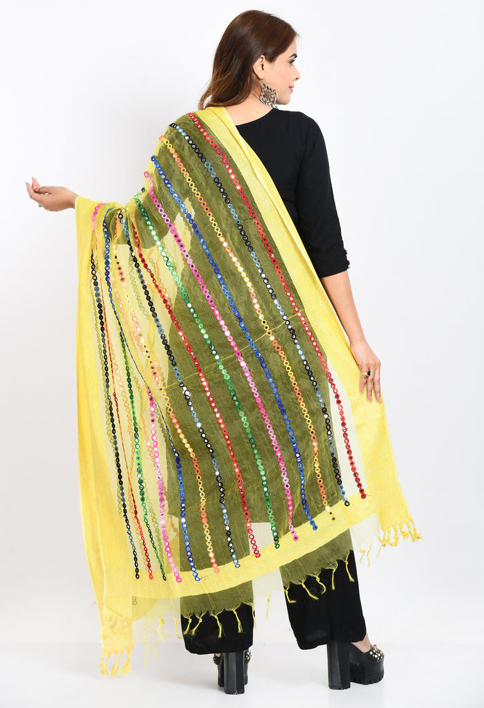 Women's Orgenza Multi Thread Mirror Work Lemon Yellow Dupatta