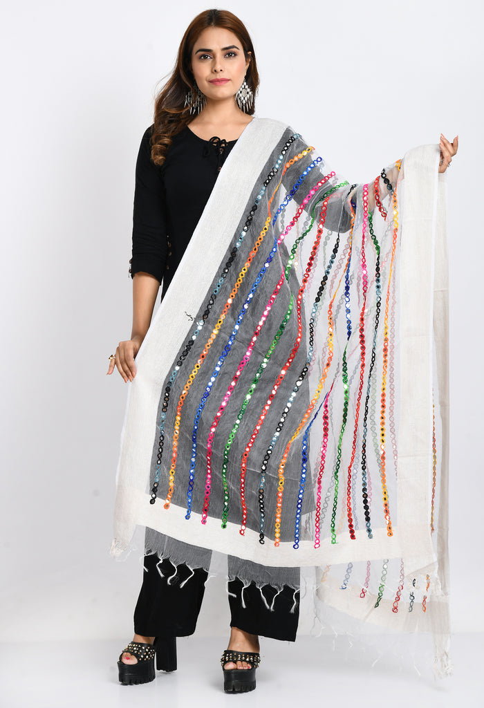 Women's Orgenza Multi Thread Mirror Work White Dupatta