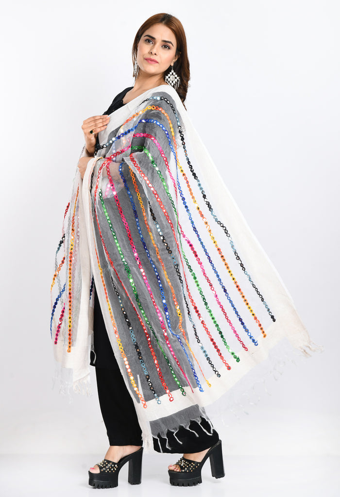 Women's Orgenza Multi Thread Mirror Work White Dupatta