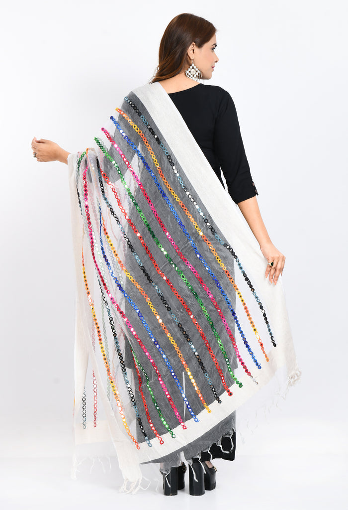 Women's Orgenza Multi Thread Mirror Work White Dupatta
