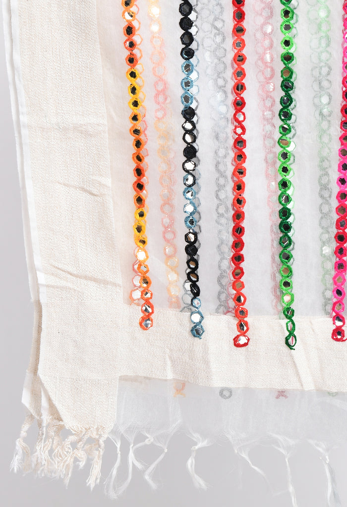 Women's Orgenza Multi Thread Mirror Work White Dupatta