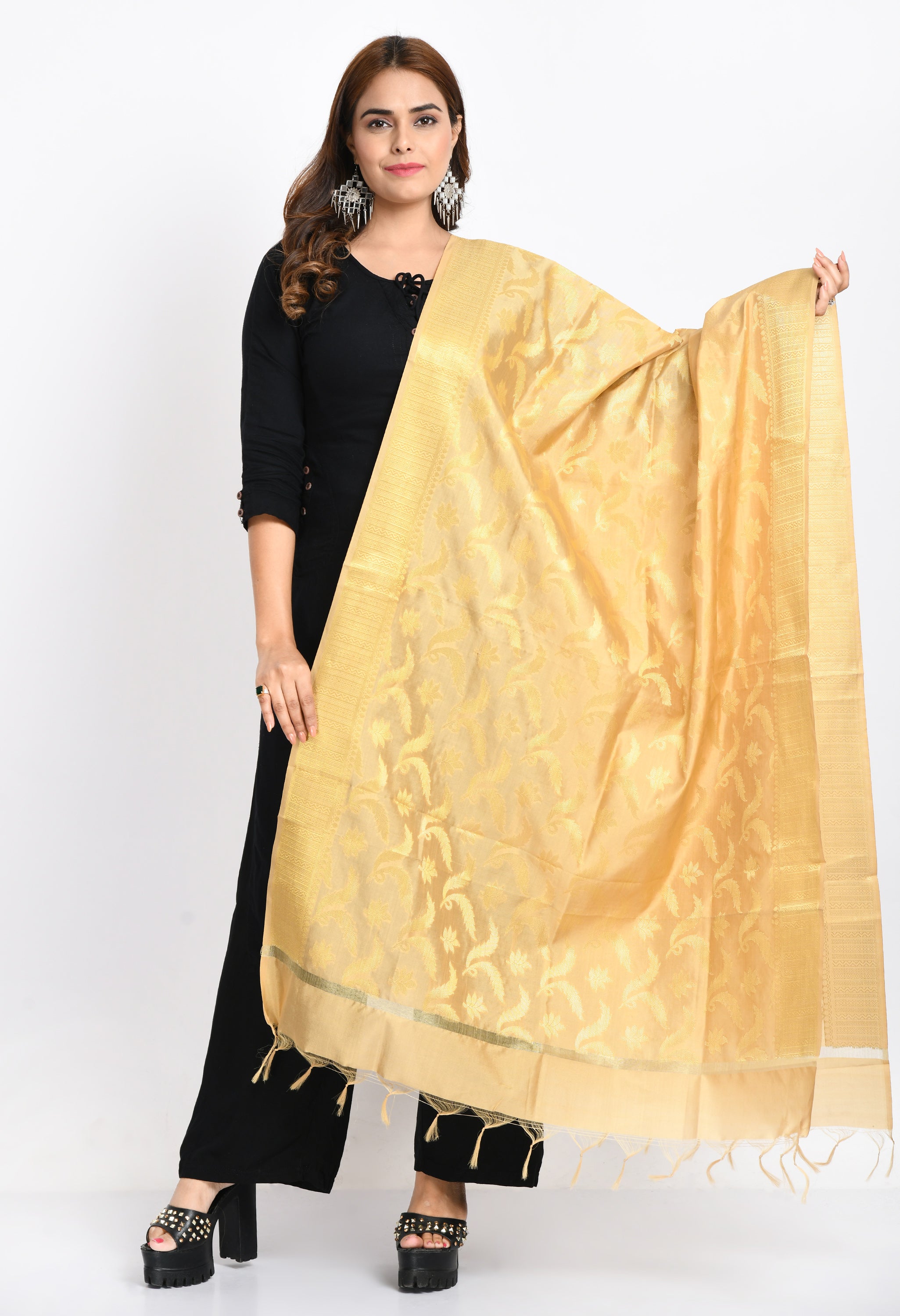 Women's Banarsi Silk Floral Woven Design Golden Dupatta - Moeza