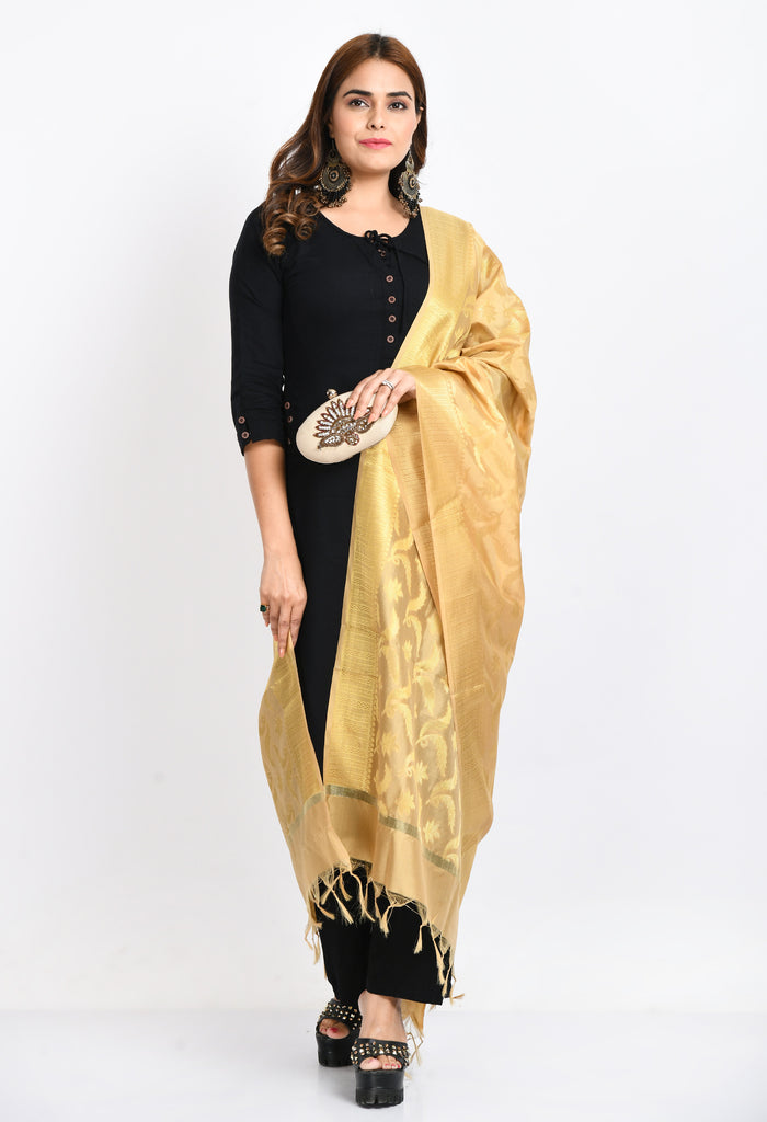 Women's Banarsi Silk Floral Woven Design Golden Dupatta
