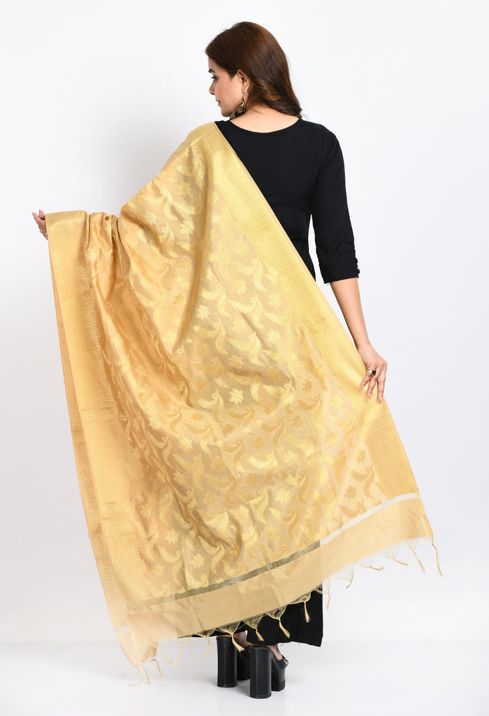 Women's Banarsi Silk Floral Woven Design Golden Dupatta