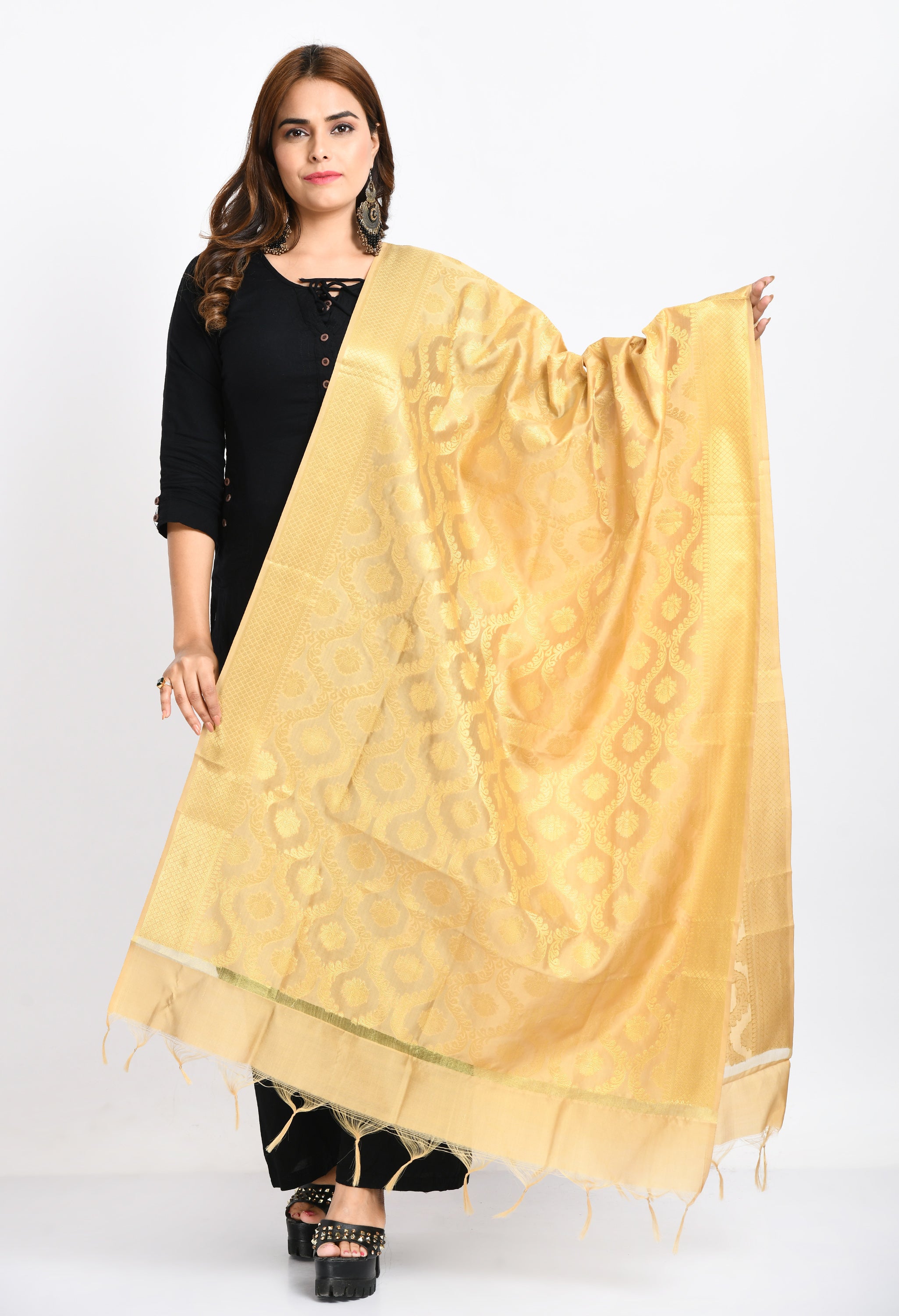 Women's Banarsi Silk All Over  Woven Design Golden Dupatta - Moeza