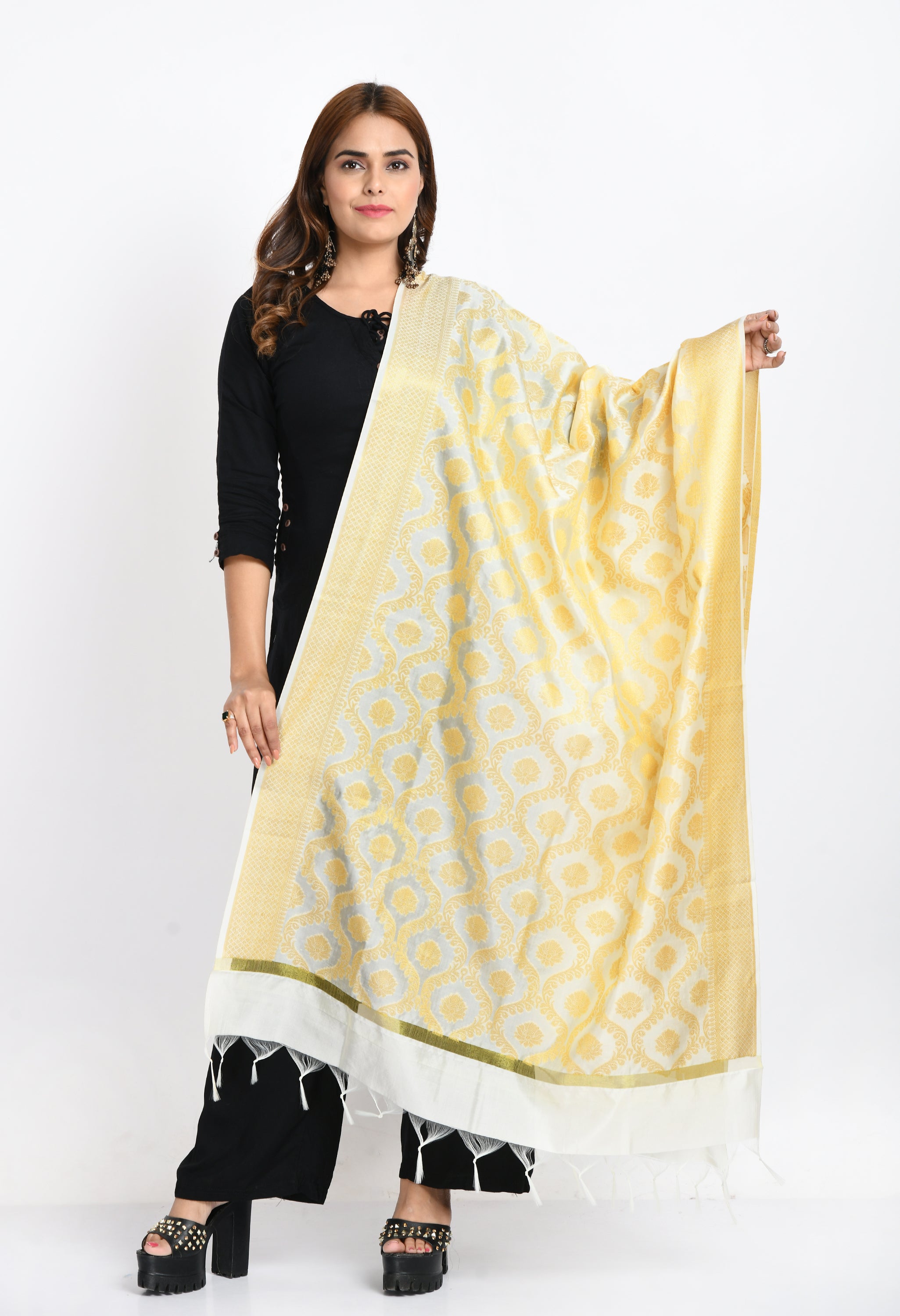 Women's Banarsi Silk All Over  Woven Design Cream Dupatta - Moeza