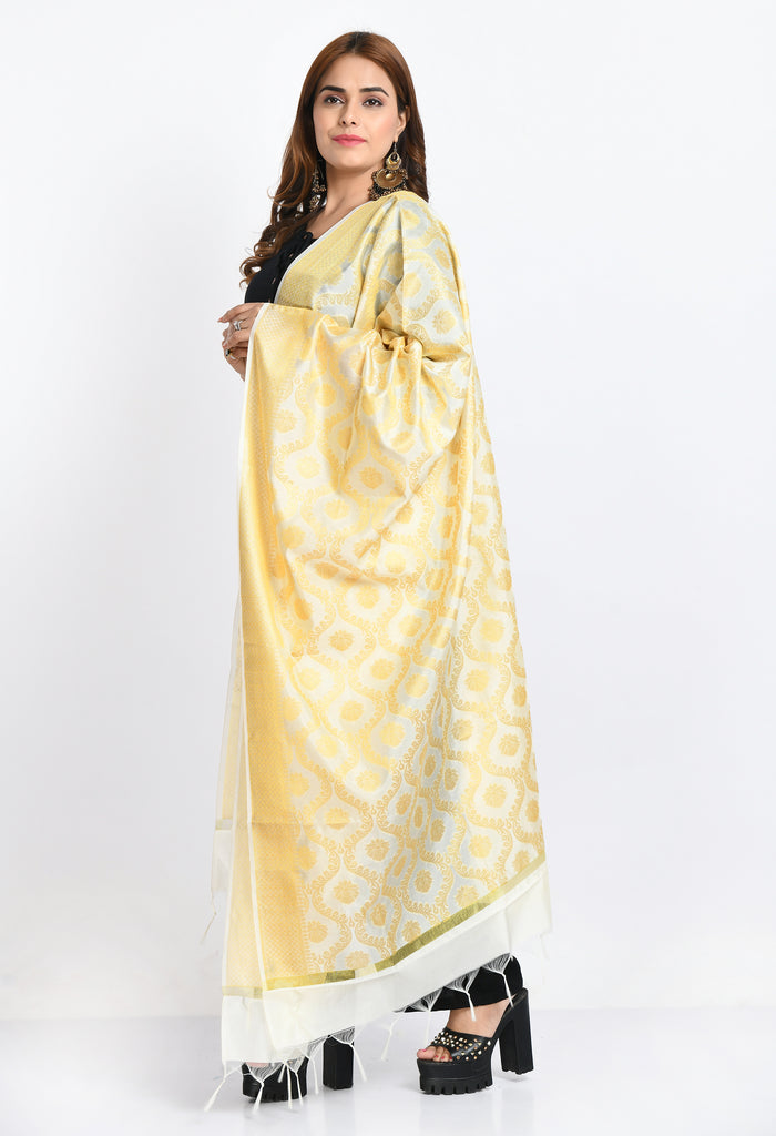 Women's Banarsi Silk All Over  Woven Design Cream Dupatta