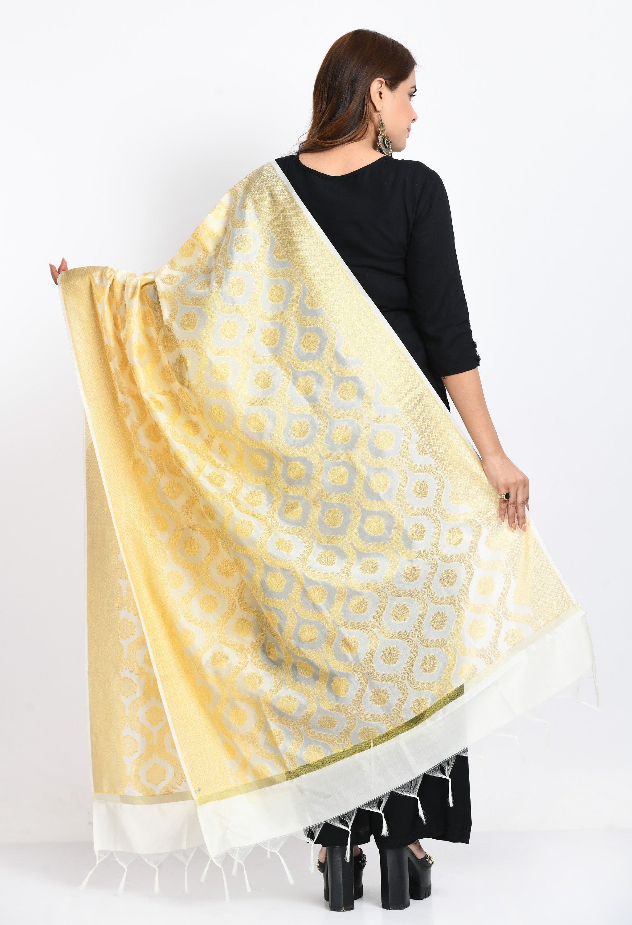 Women's Banarsi Silk All Over  Woven Design Cream Dupatta - Moeza