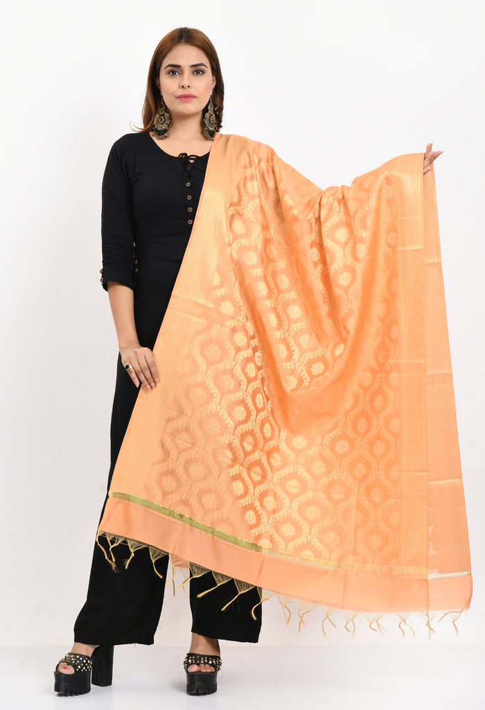 Women's Banarsi Silk All Over  Woven Design Peach Dupatta