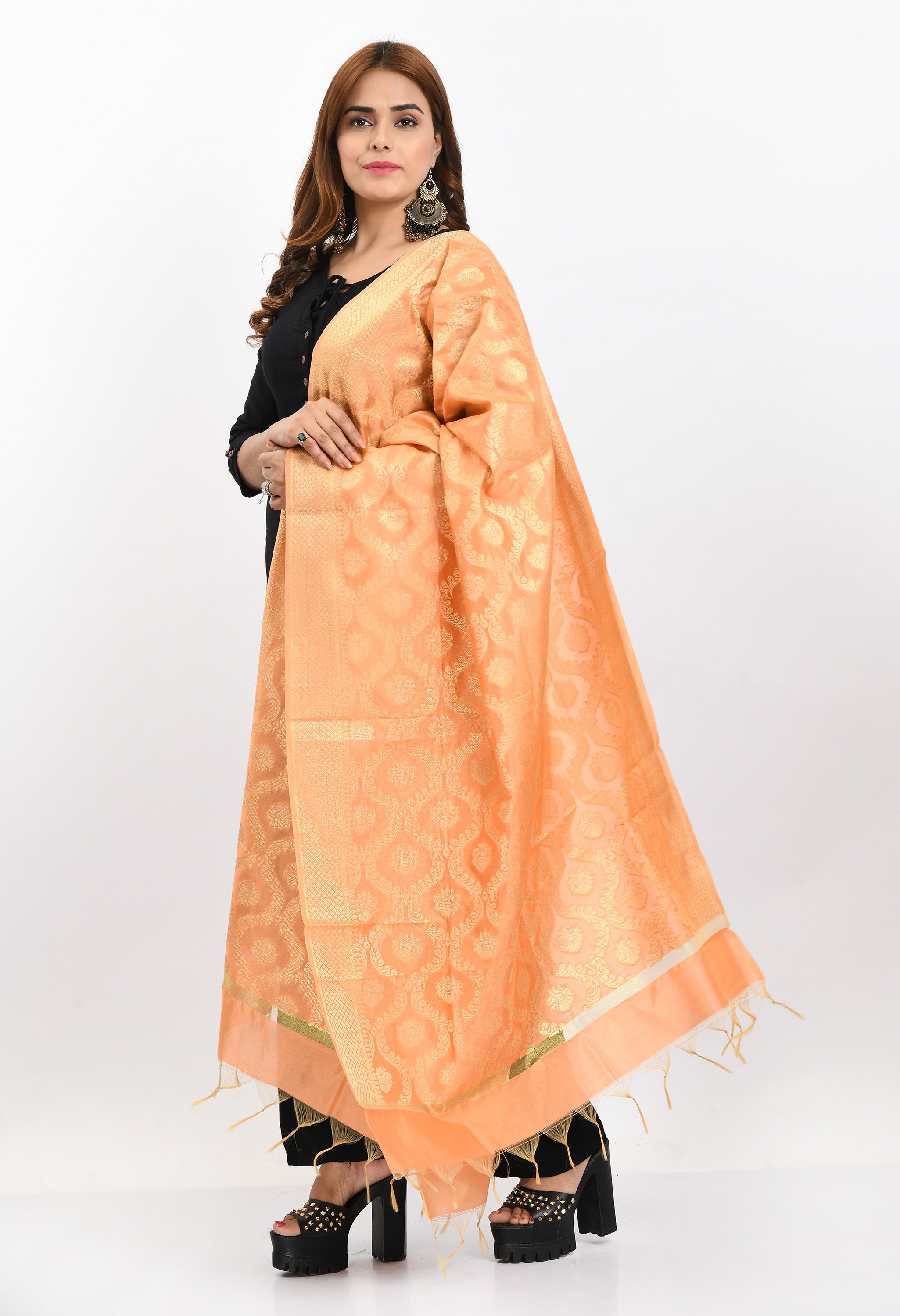 Women's Banarsi Silk All Over  Woven Design Peach Dupatta - Moeza