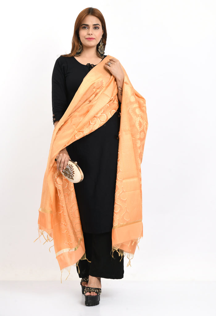Women's Banarsi Silk All Over  Woven Design Peach Dupatta
