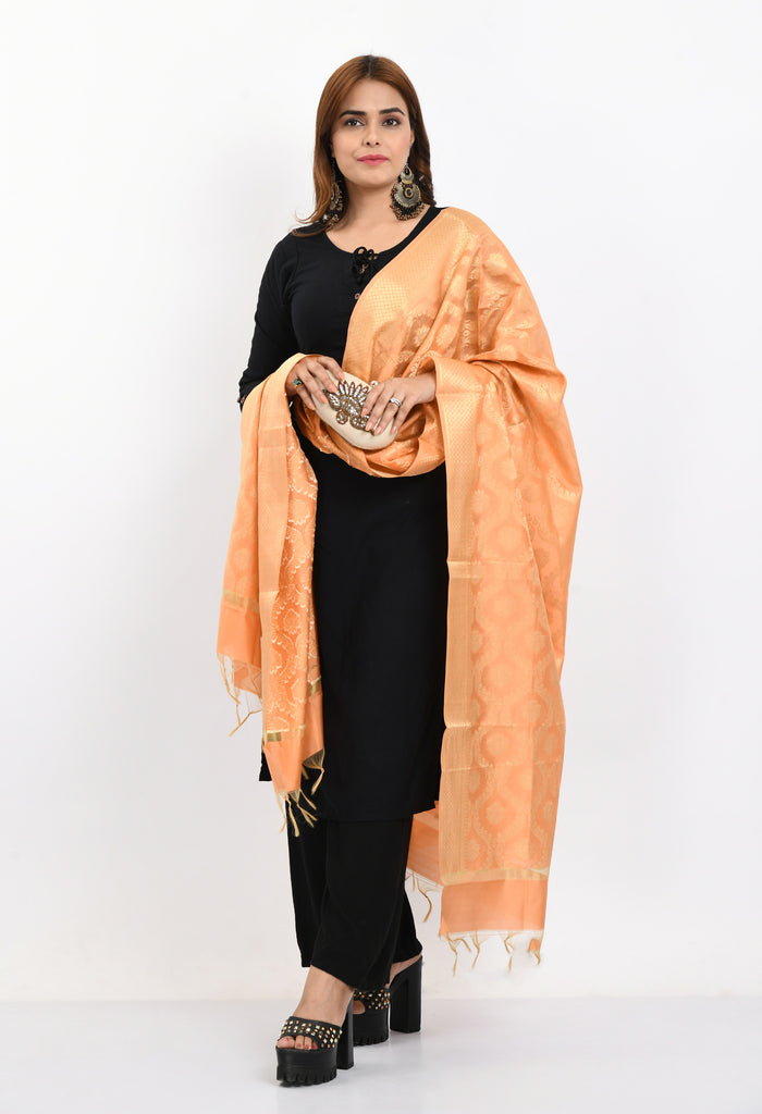 Women's Banarsi Silk All Over  Woven Design Peach Dupatta