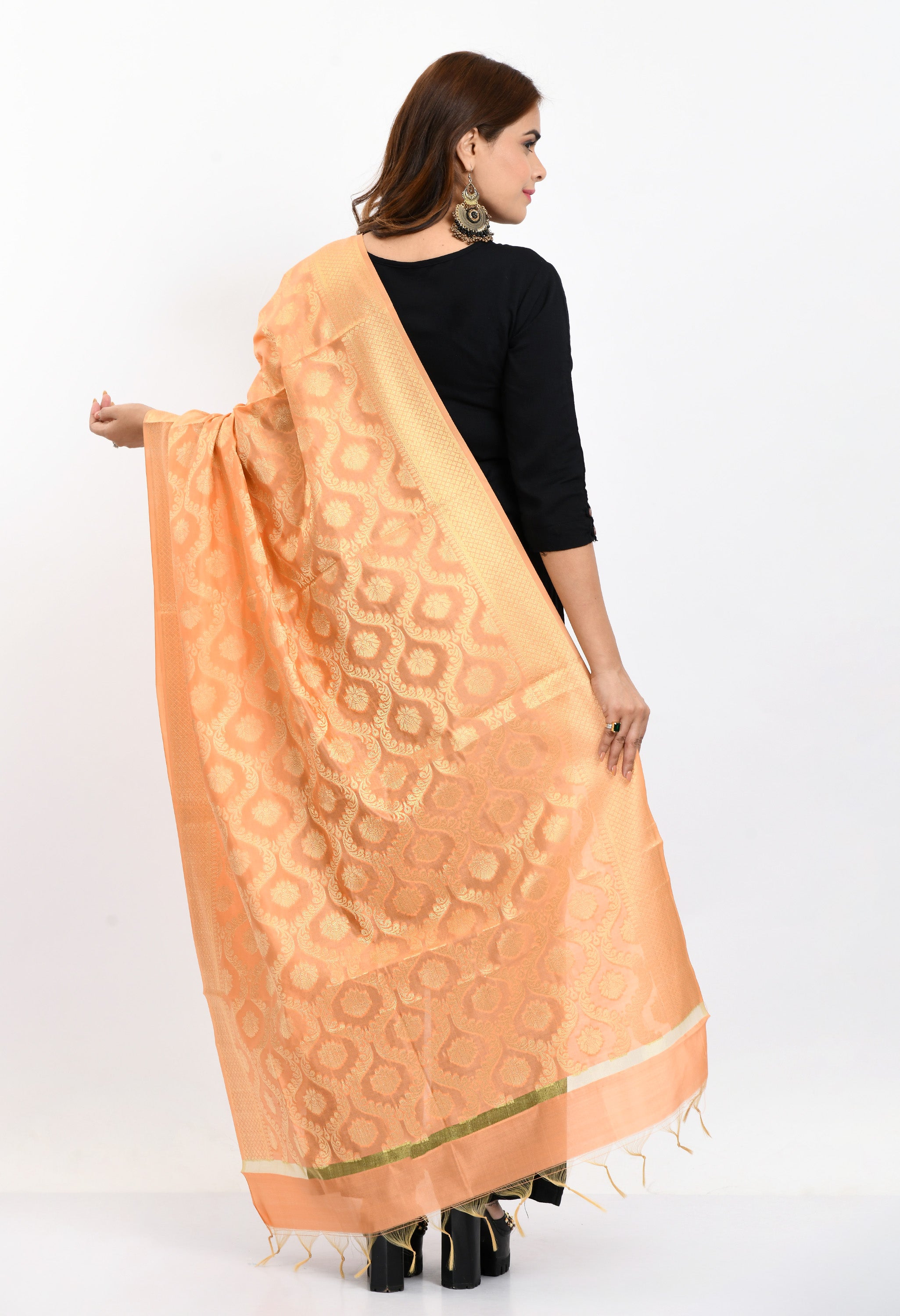 Women's Banarsi Silk All Over  Woven Design Peach Dupatta - Moeza