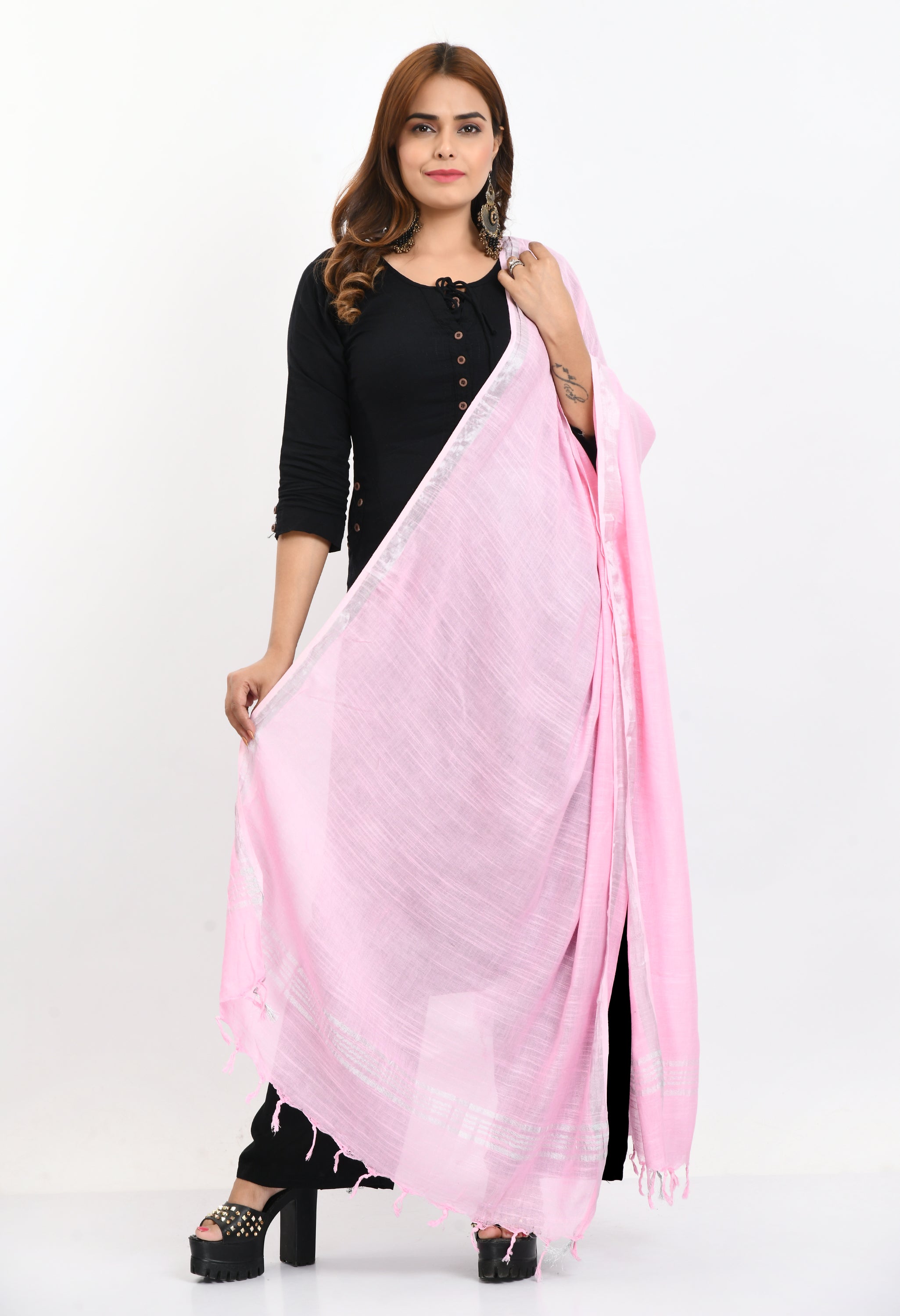 Women's Linen Cotton Silver Border Baby Pink Dupatta