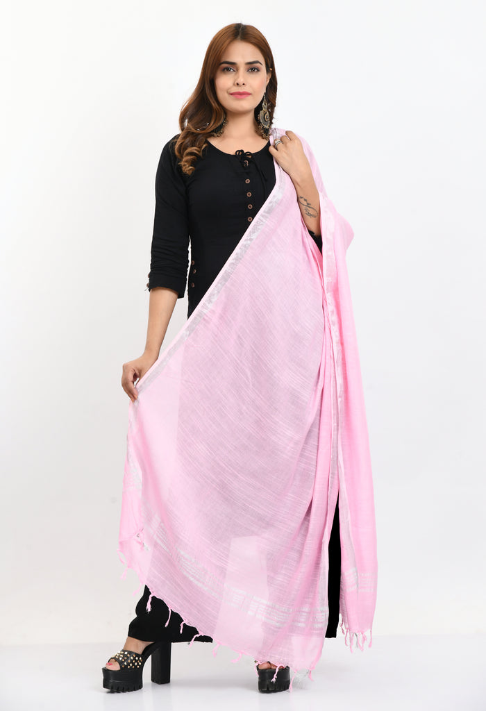 Women's Linen Cotton Silver Border Baby Pink Dupatta