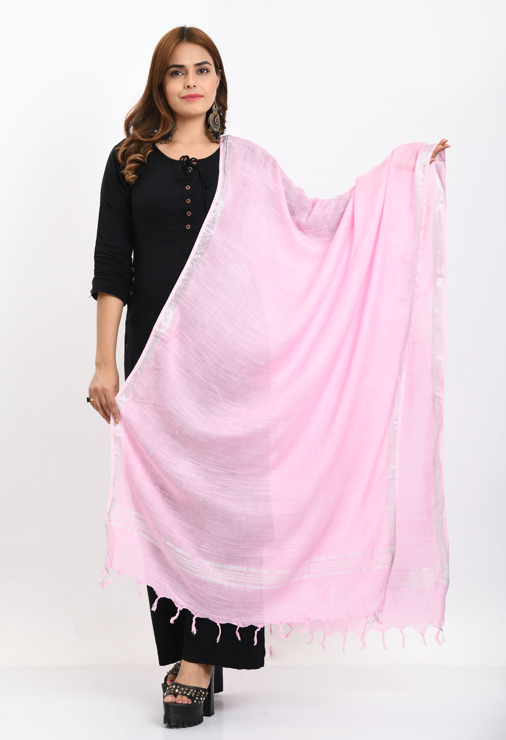 Women's Linen Cotton Silver Border Baby Pink Dupatta - Moeza