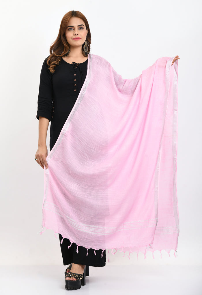 Women's Linen Cotton Silver Border Baby Pink Dupatta