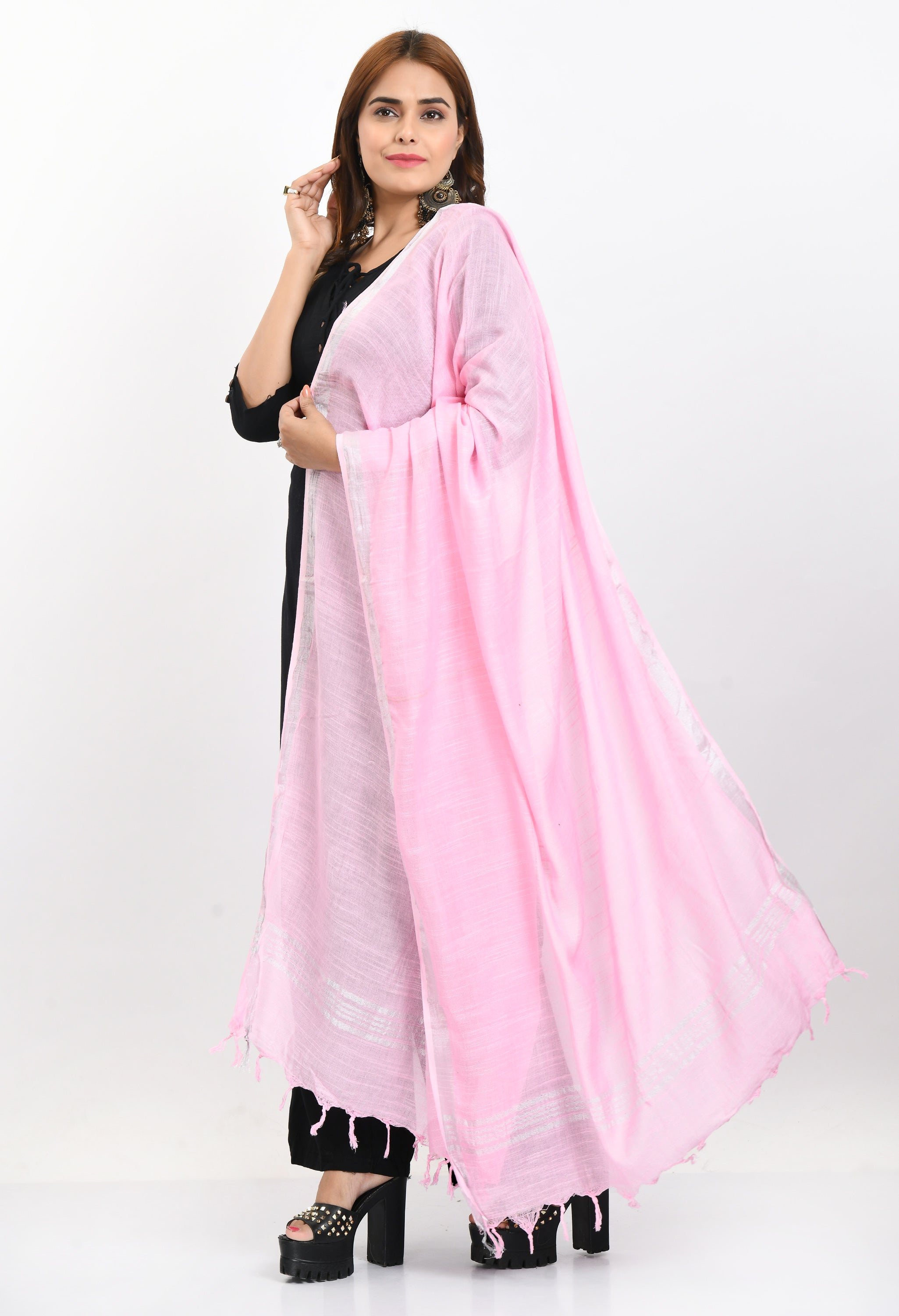 Women's Linen Cotton Silver Border Baby Pink Dupatta - Moeza