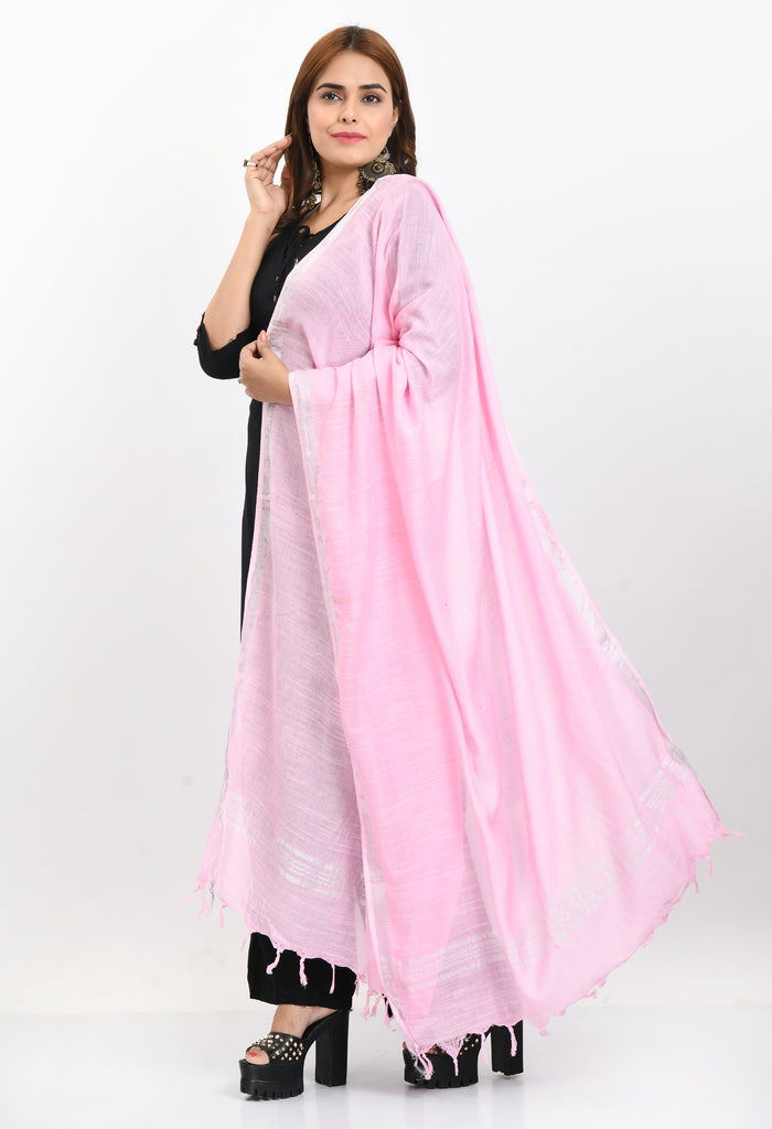 Women's Linen Cotton Silver Border Baby Pink Dupatta