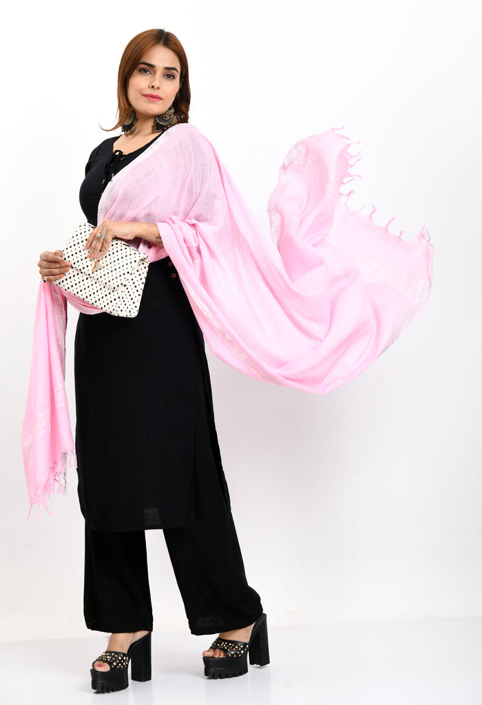 Women's Linen Cotton Silver Border Baby Pink Dupatta