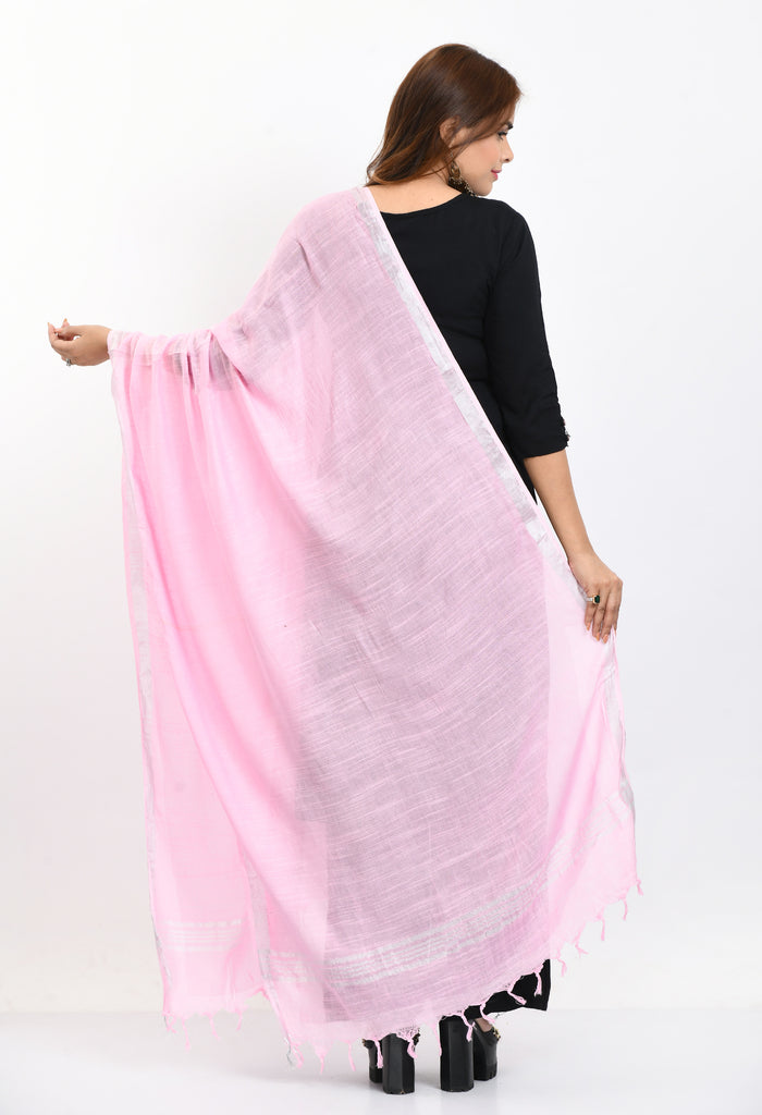 Women's Linen Cotton Silver Border Baby Pink Dupatta