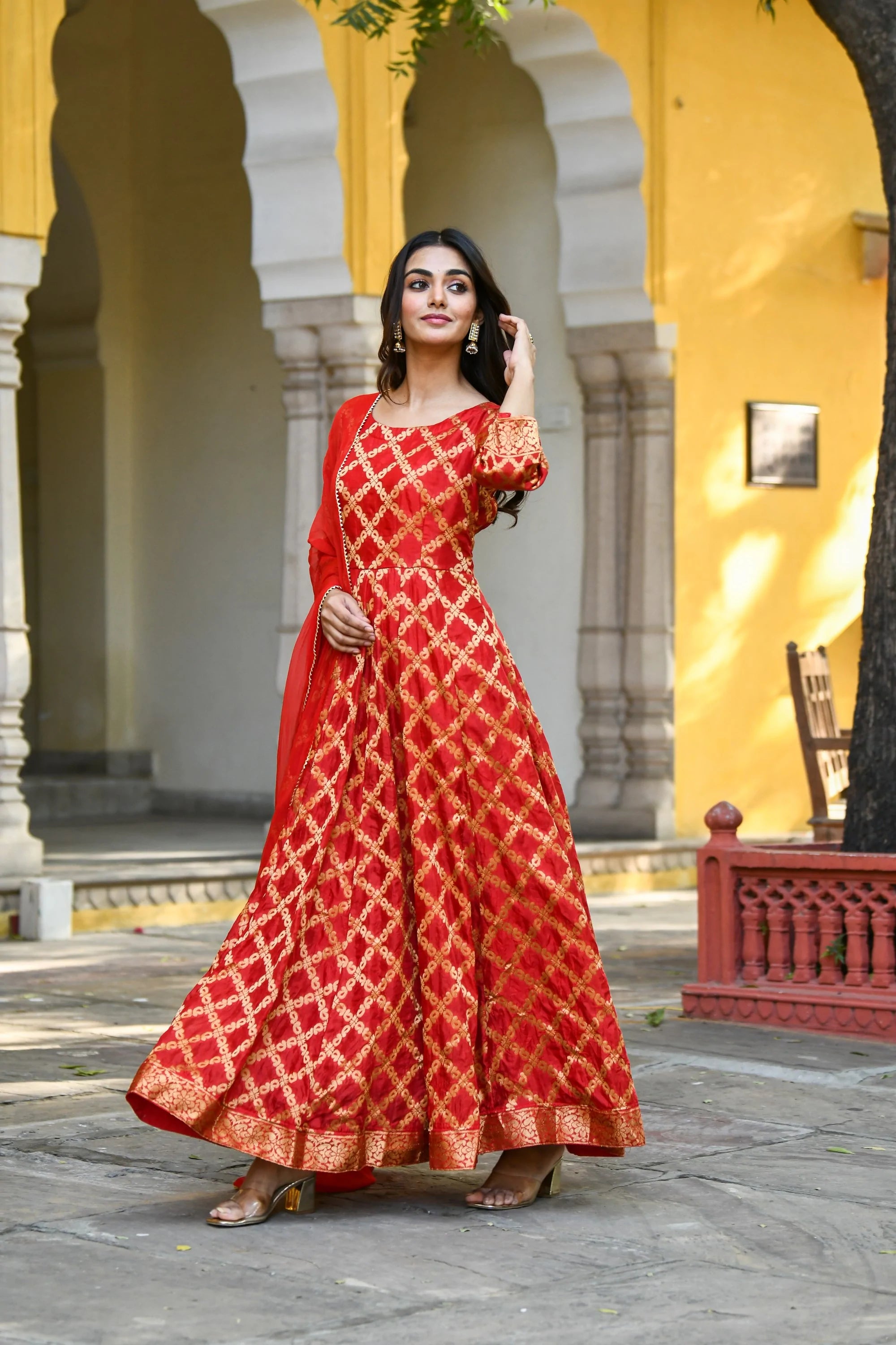 Women's Anarkali Red Gown With Dupatta - (2Pcs) - Saras The Label