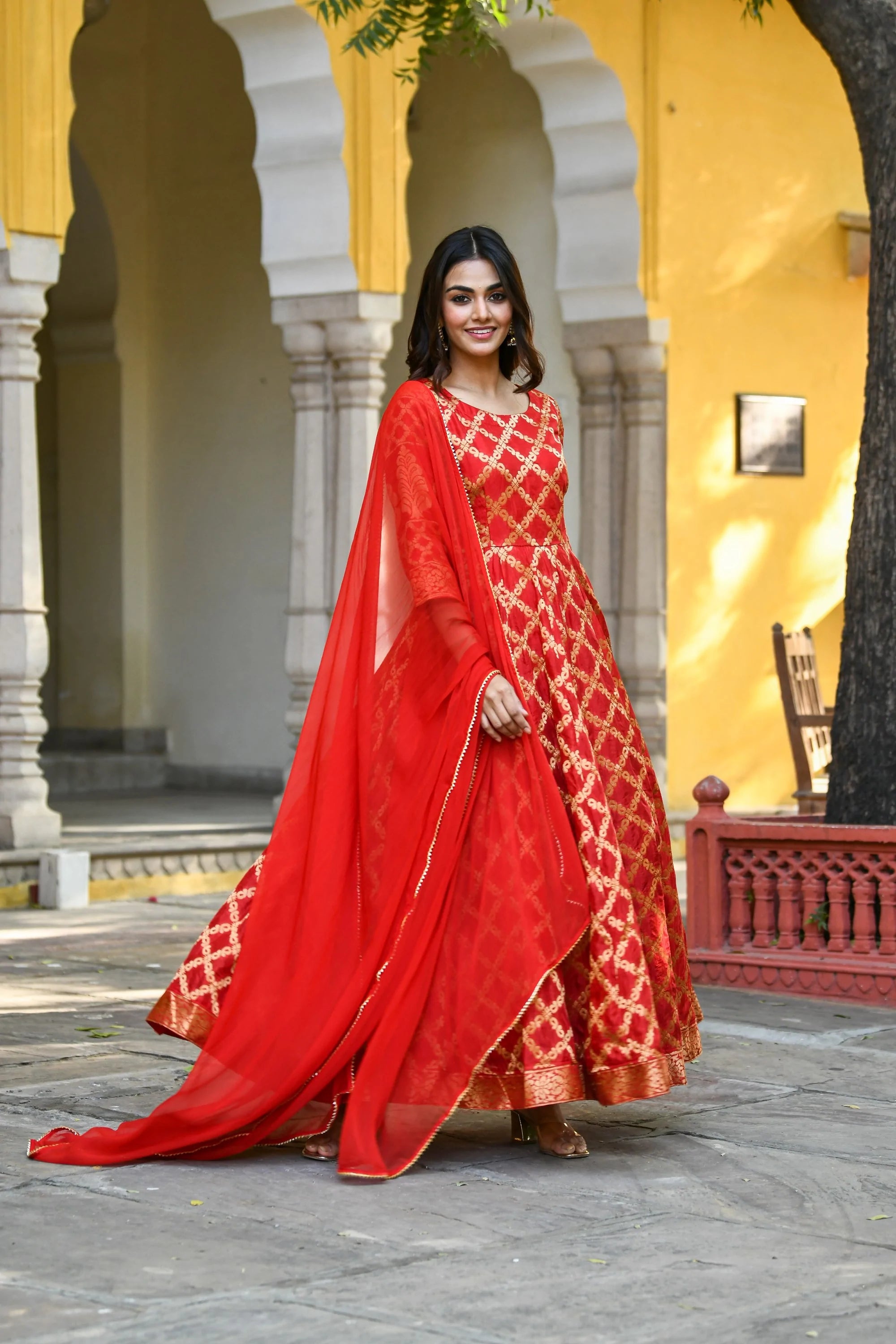 Women's Anarkali Red Gown With Dupatta - (2Pcs) - Saras The Label