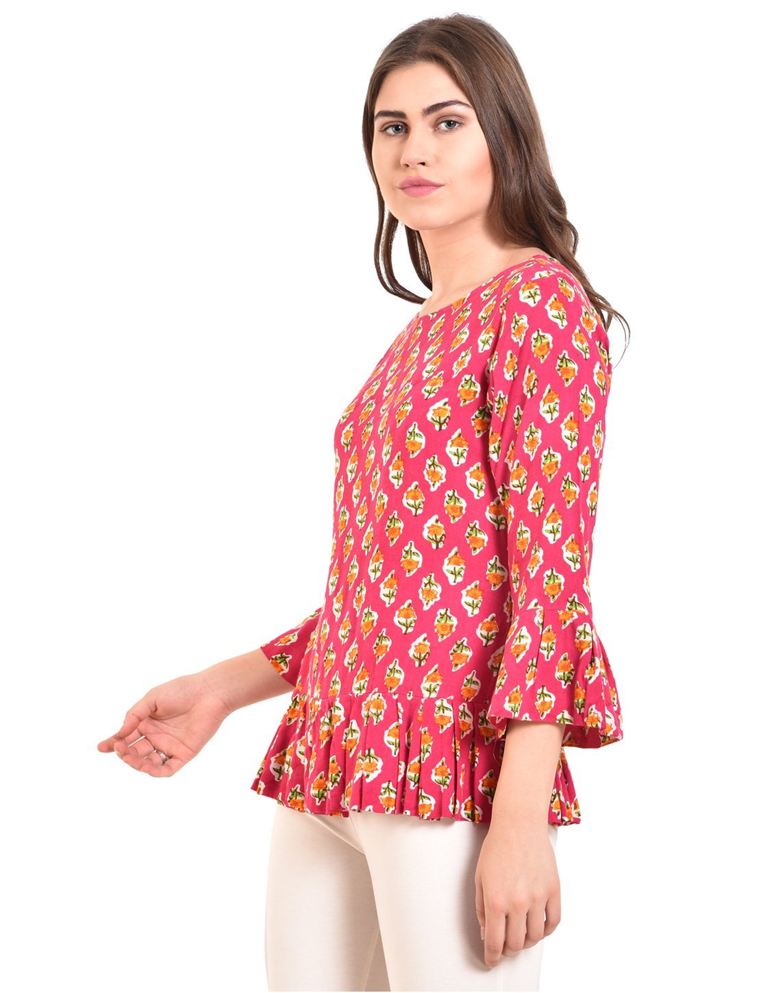 Women's Pink Printed Bell Sleeve Round Rayon Casual Top - Myshka