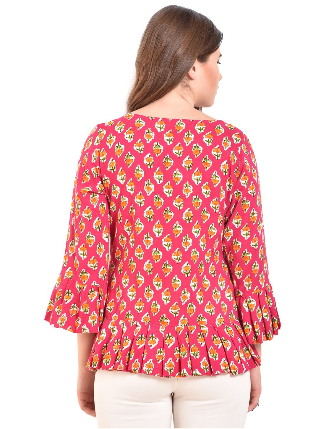 Women's Pink Printed Bell Sleeve Round Rayon Casual Top - Myshka