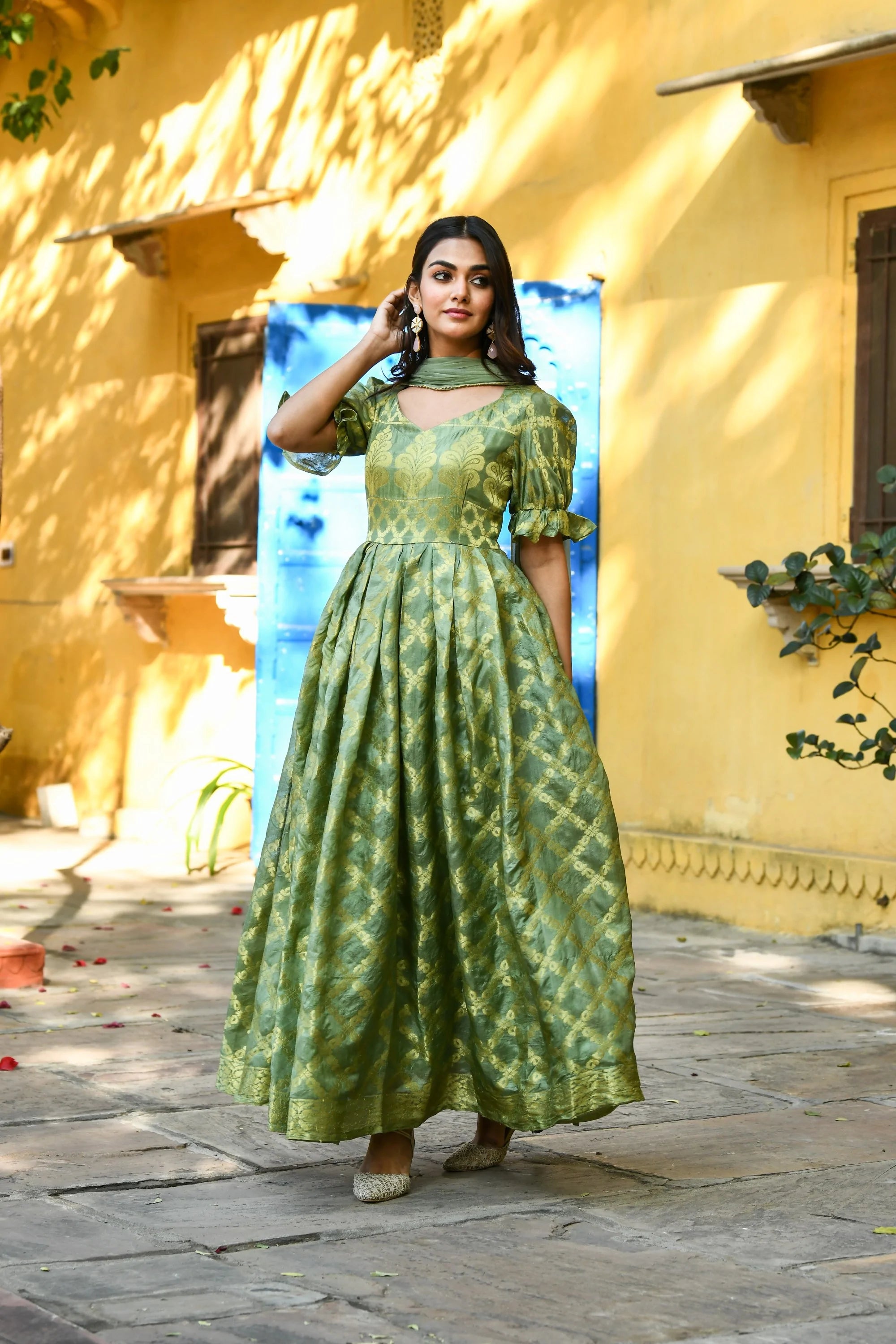 Women's Green Anarkali Gown Set - (2Pcs) - Saras The Label