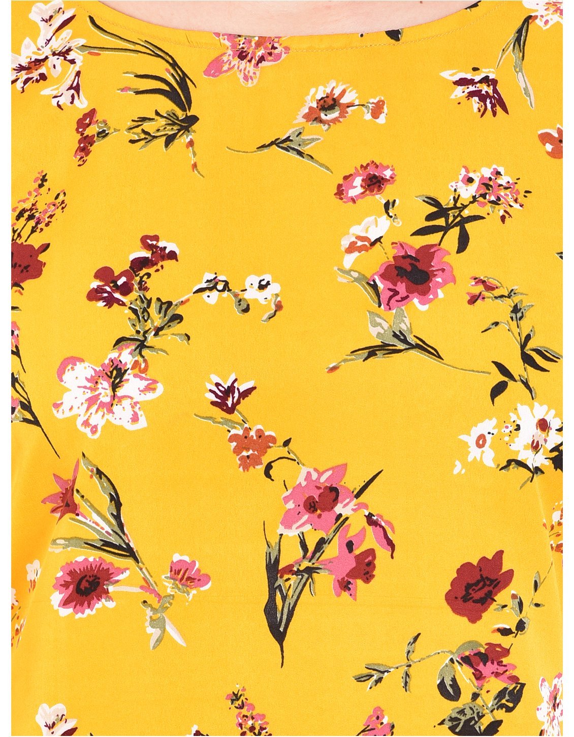 Women's Yellow Printed 3/4 Sleeve Round Crepe Casual Top - Myshka