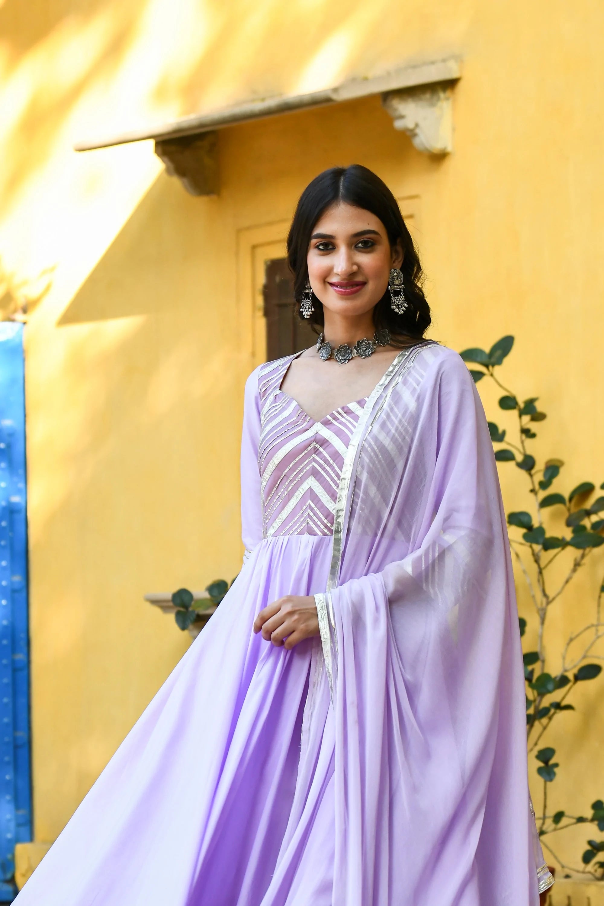 Women's Lavender Silk Anarkali Gown - (2Pcs) - Saras The Label