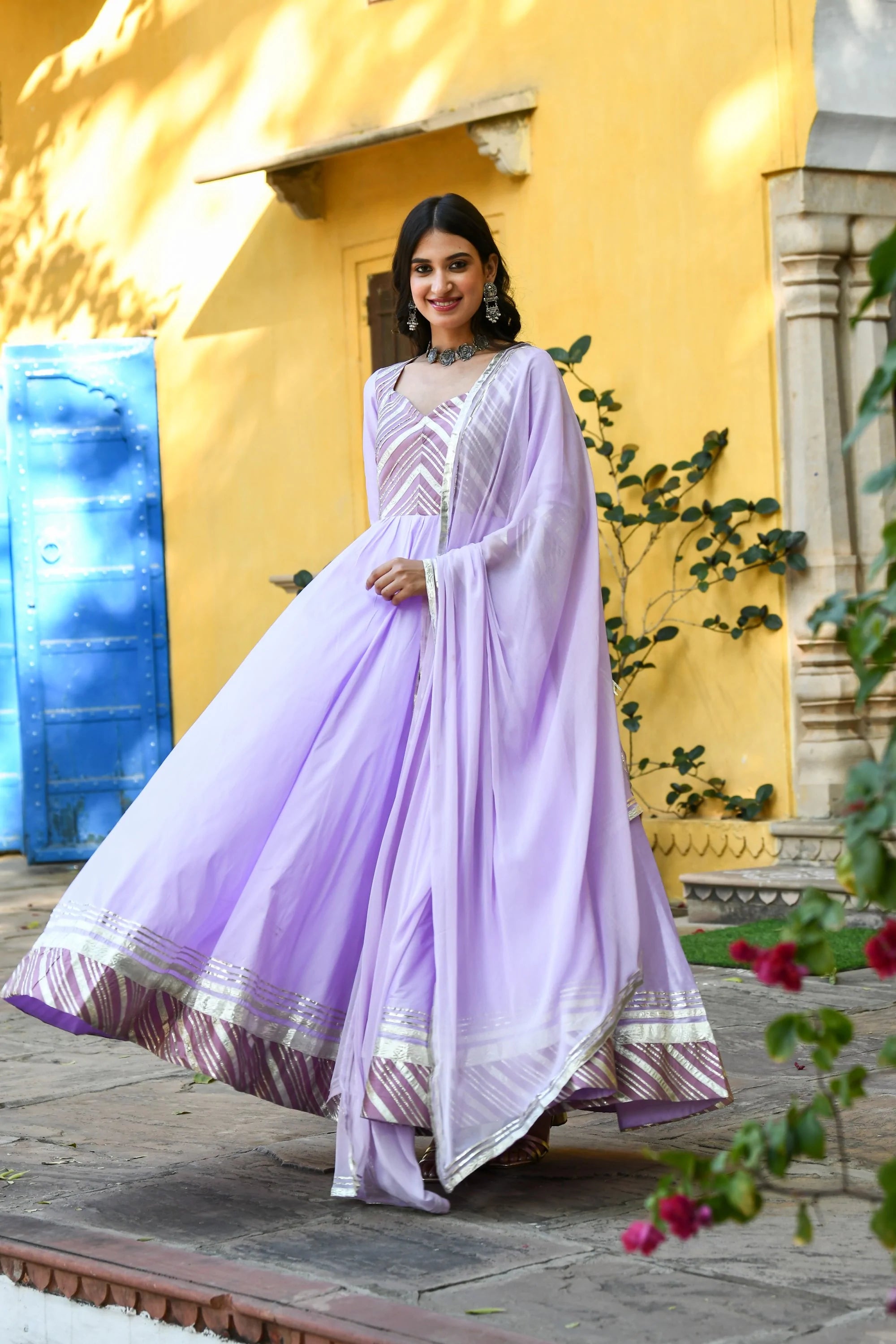Women's Lavender Silk Anarkali Gown - (2Pcs) - Saras The Label