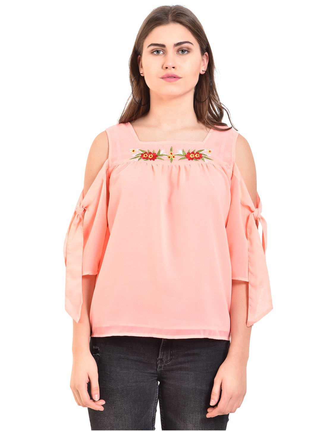 Women's Pink Solid 3/4 Sleeve Round Crepe Casual Top - Myshka