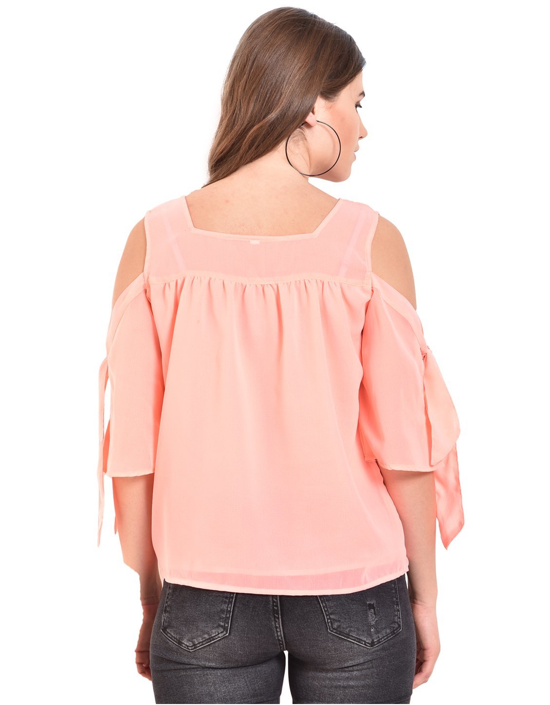 Women's Pink Solid 3/4 Sleeve Round Crepe Casual Top - Myshka