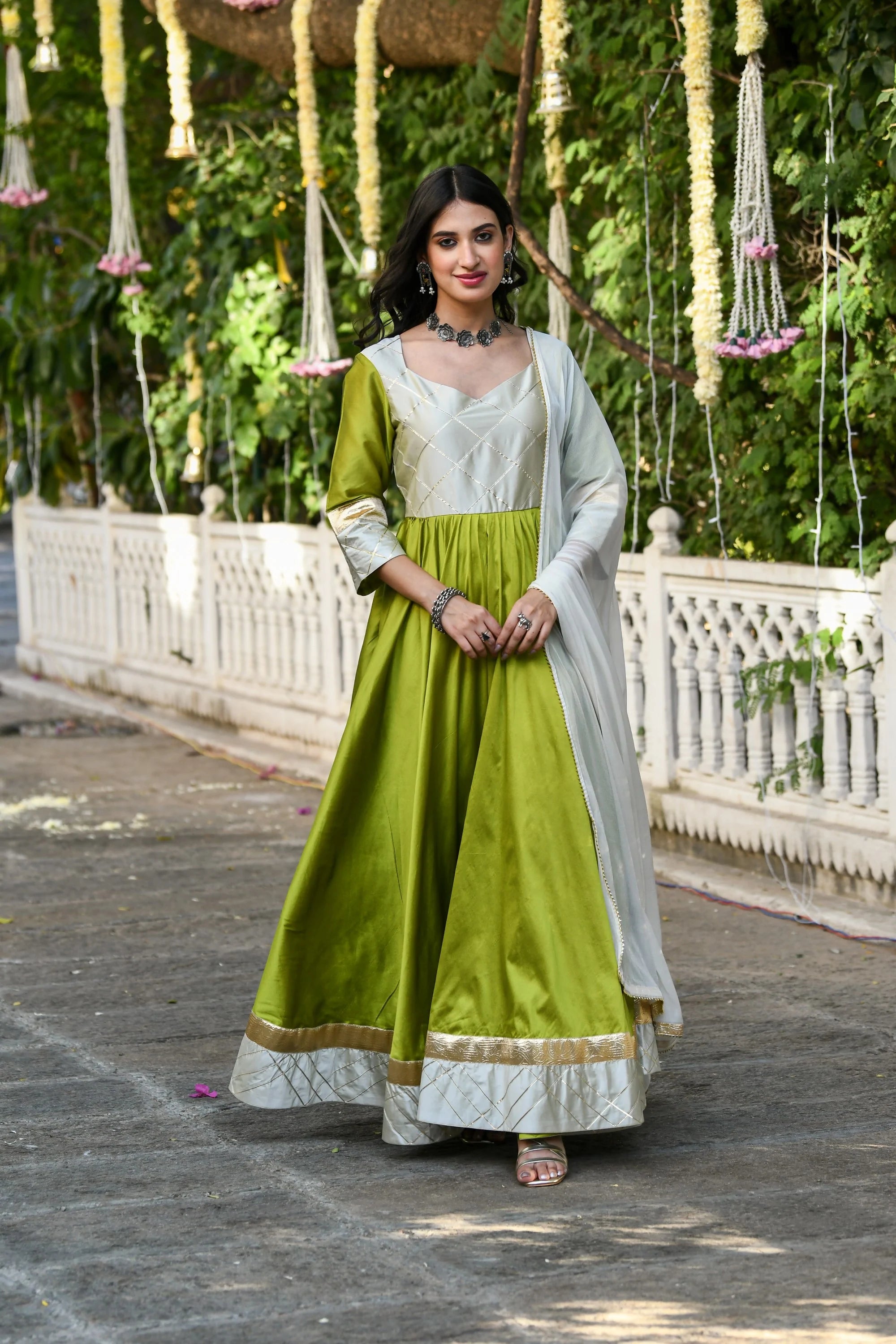 Women's White And Green Anarkali Gown- (2Pcs) 6XL | Trendia Global Women's White And Green Anarkali Gown- (2Pcs) 6XL | Trendia Global