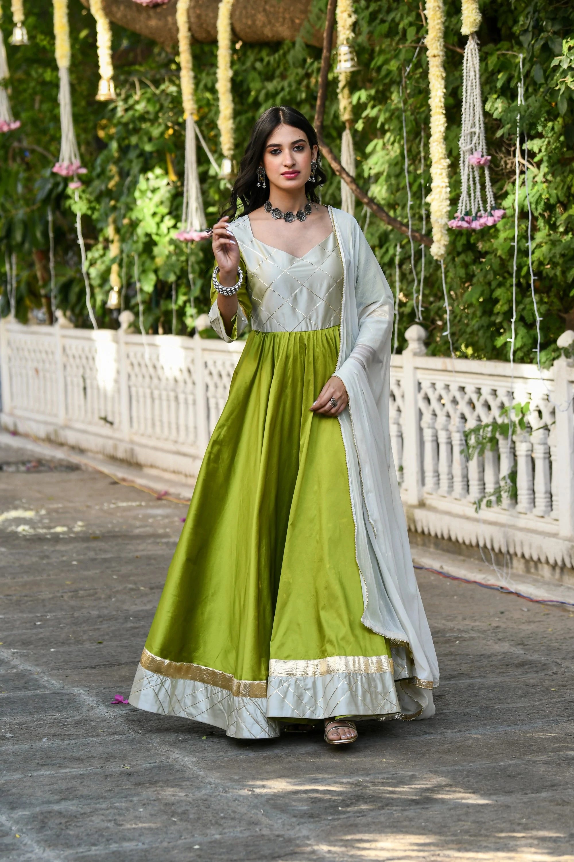 Women's White And Green Anarkali Gown- (2Pcs) - Saras The Label