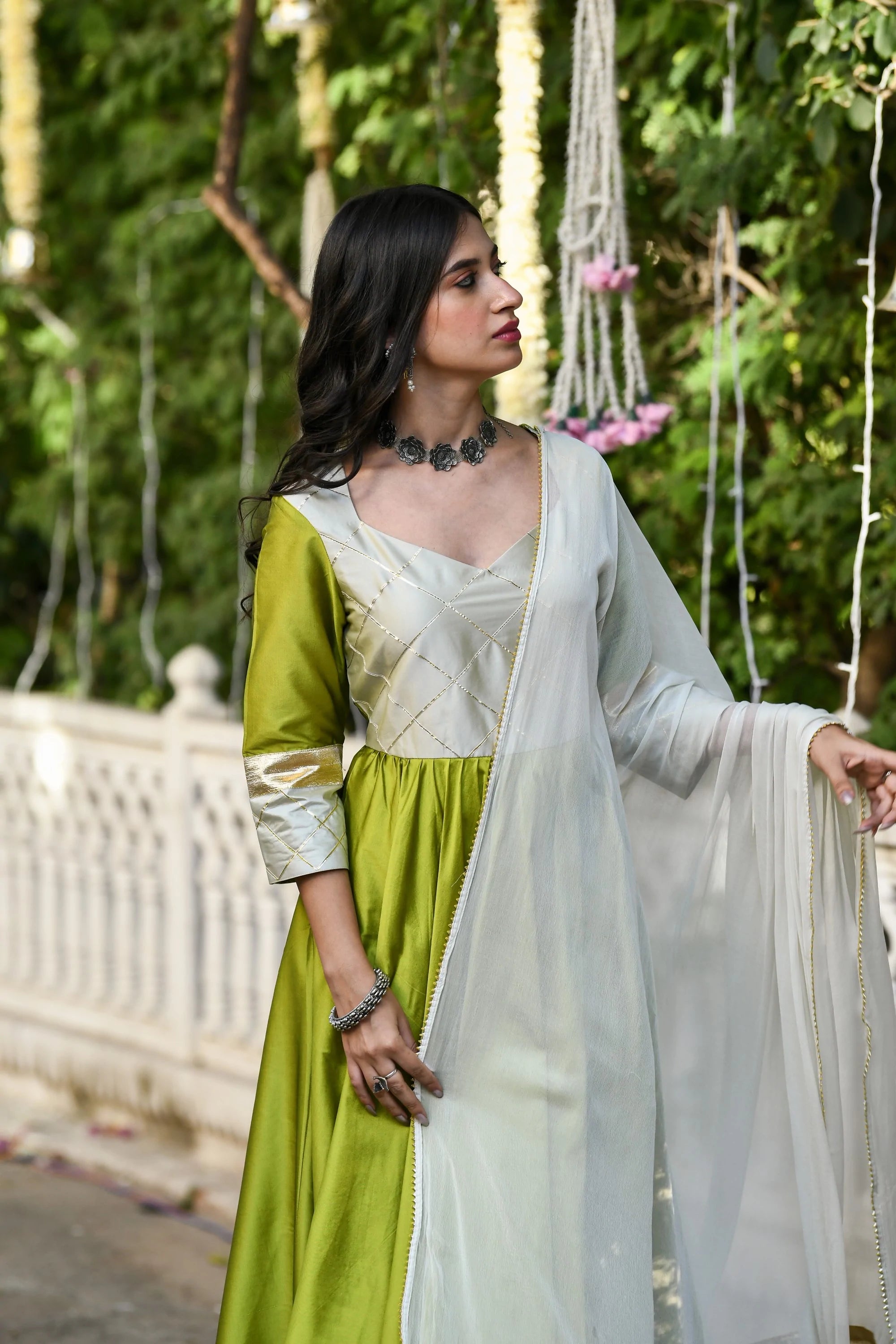 Women's White And Green Anarkali Gown- (2Pcs) - Saras The Label