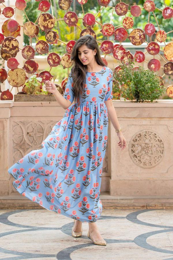 Women's Blue Printed Long Kurta Dress (1pc set) - Label Shaurya Sanadhya
