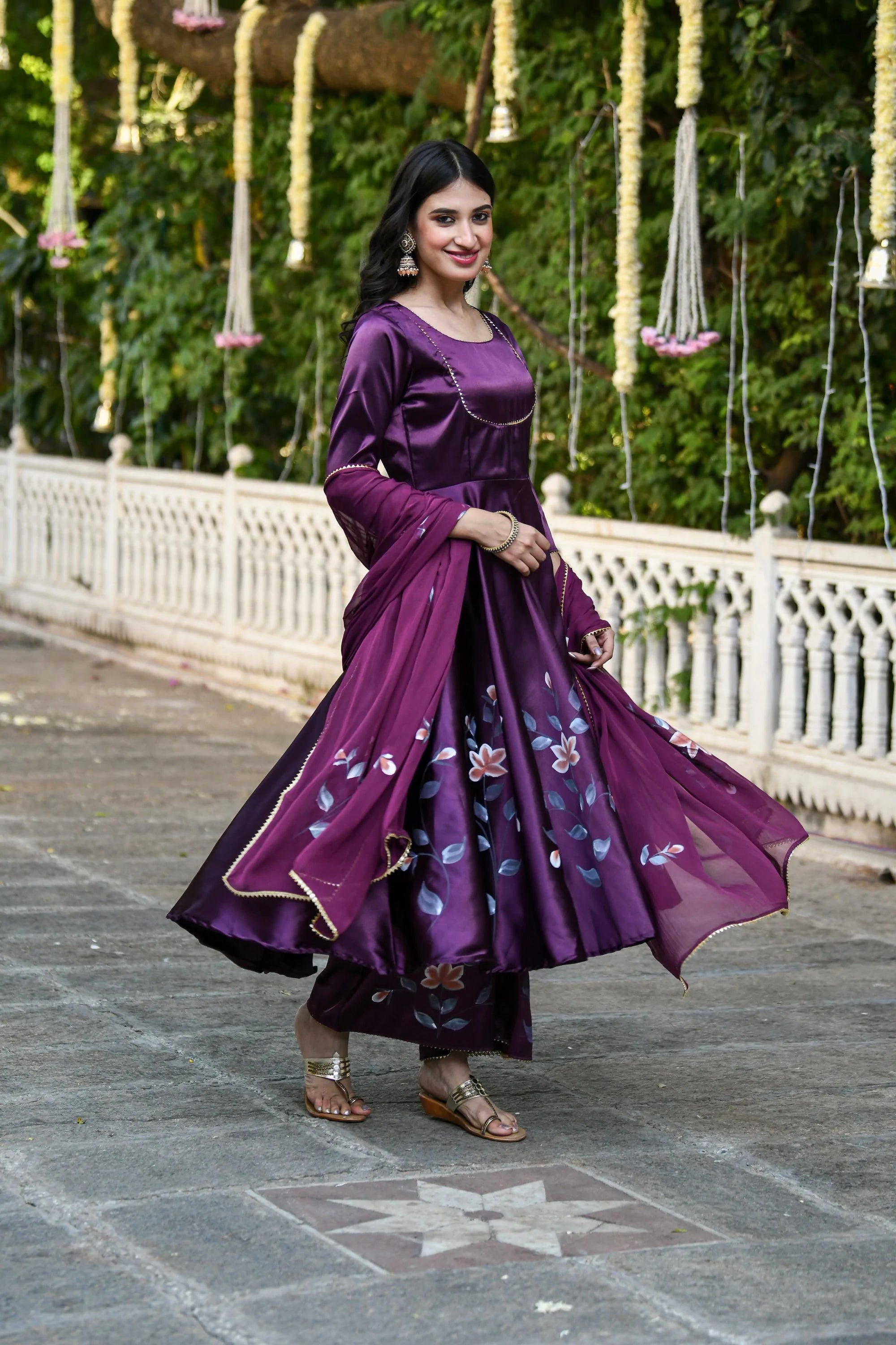Women's Purple Anarkali Suit Set- (3Pcs) - Saras The Label
