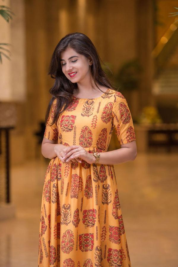Women's Mustard Color Printed Long Kurta Dress (1pc set) - Label Shaurya Sanadhya