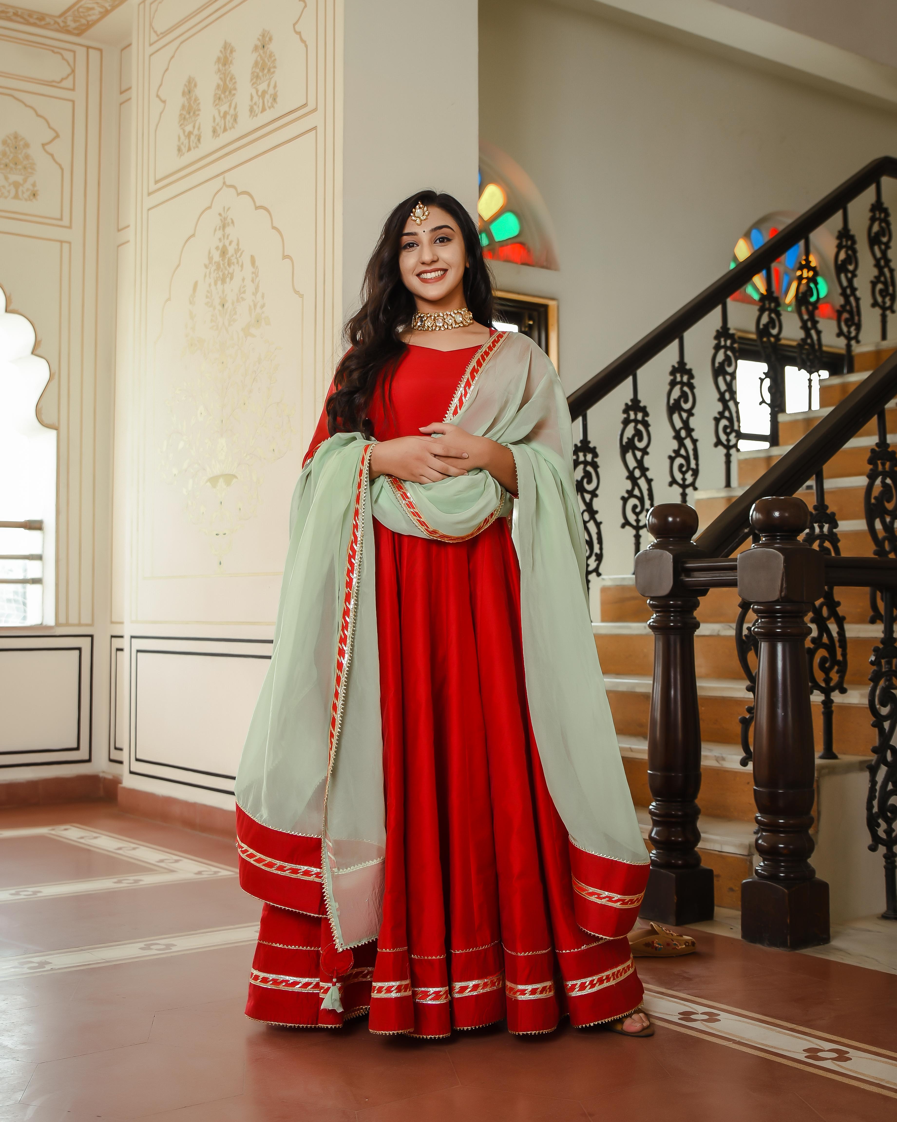 Women's Crimson Red Chanderi Gown With Pista Green Dupatta - Indian Virasat