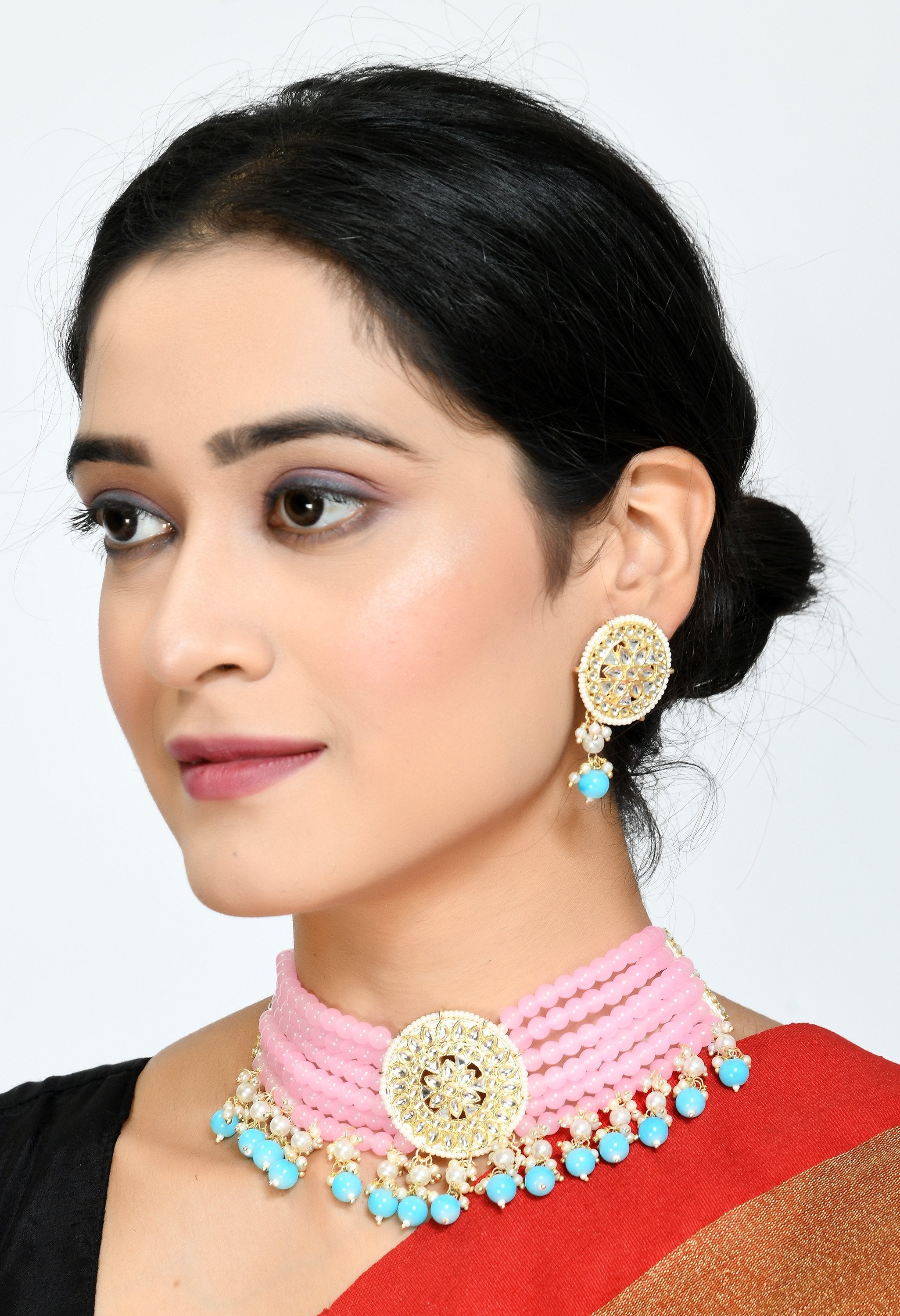 Women's pink and tuquoise colour beads with kundan nacklace -Tehzeeb