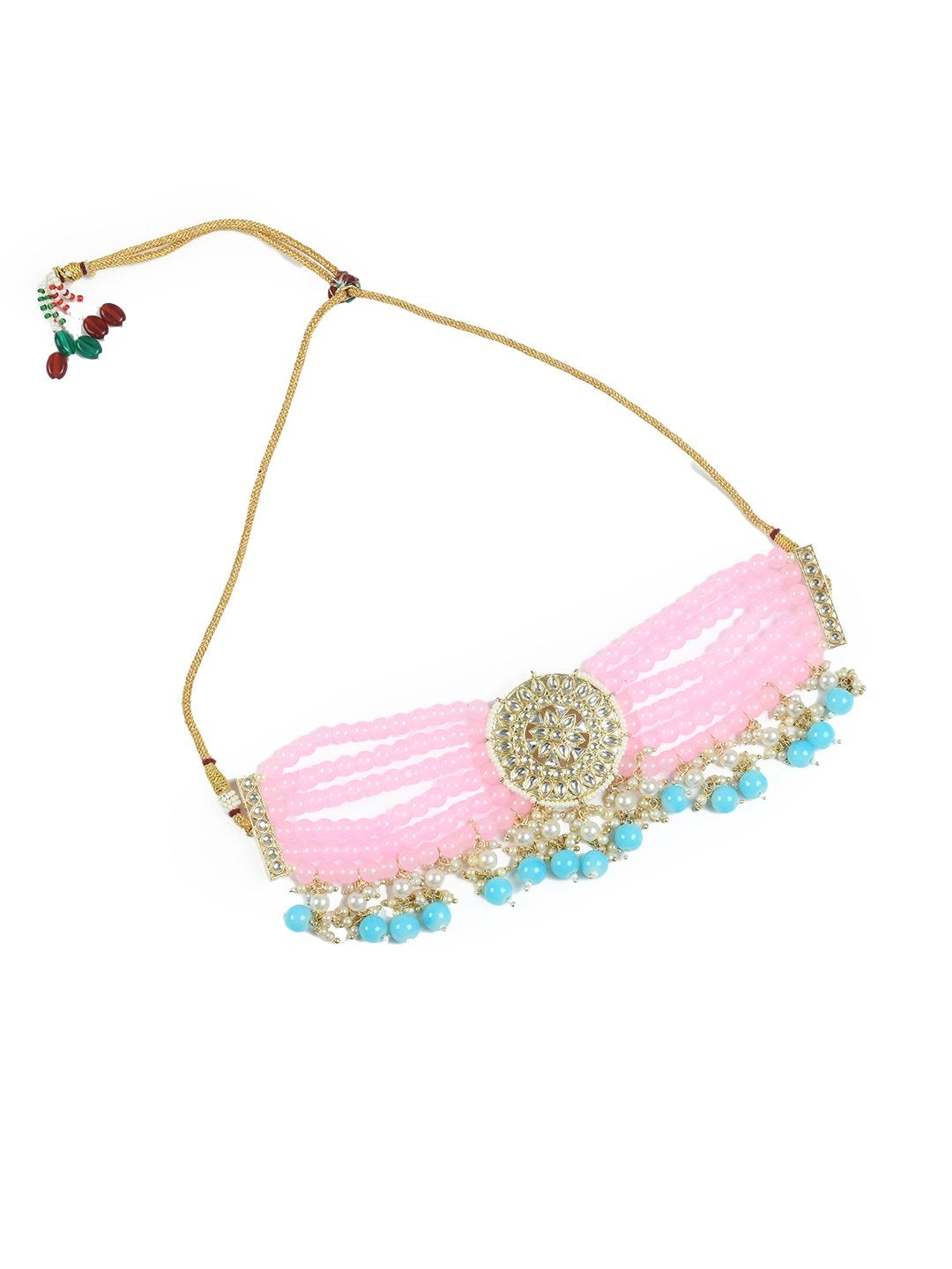 Women's pink and tuquoise colour beads with kundan nacklace -Tehzeeb