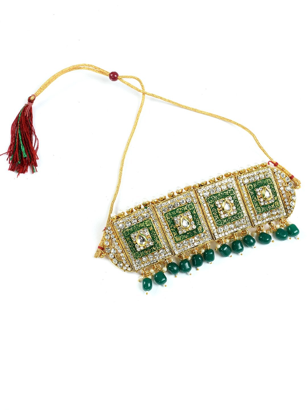 Women's green and gold colour brass material with stone and beads nacklace -Tehzeeb