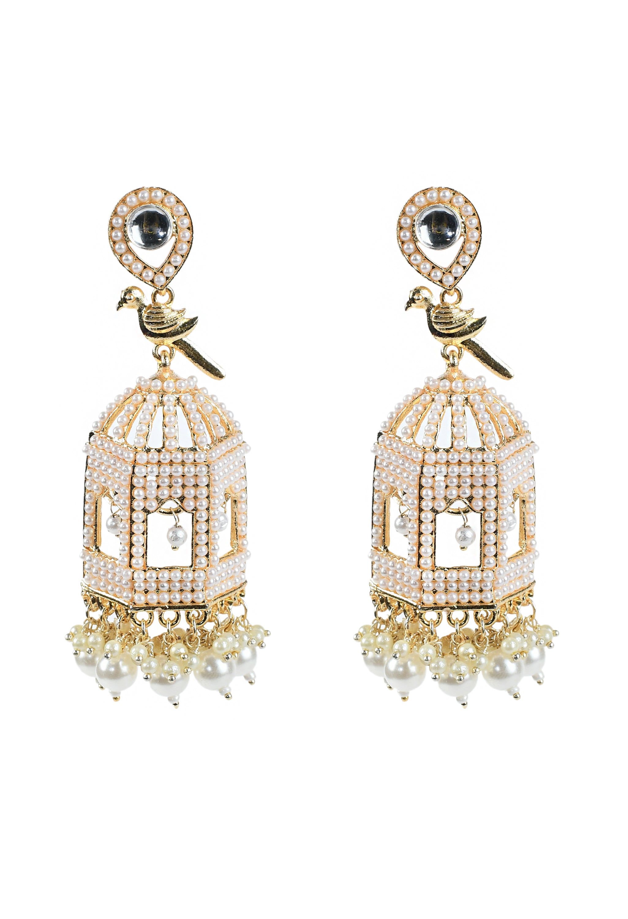 Women's Oxidised Earrings With Golden Pearl And Bird Design - Tehzeeb