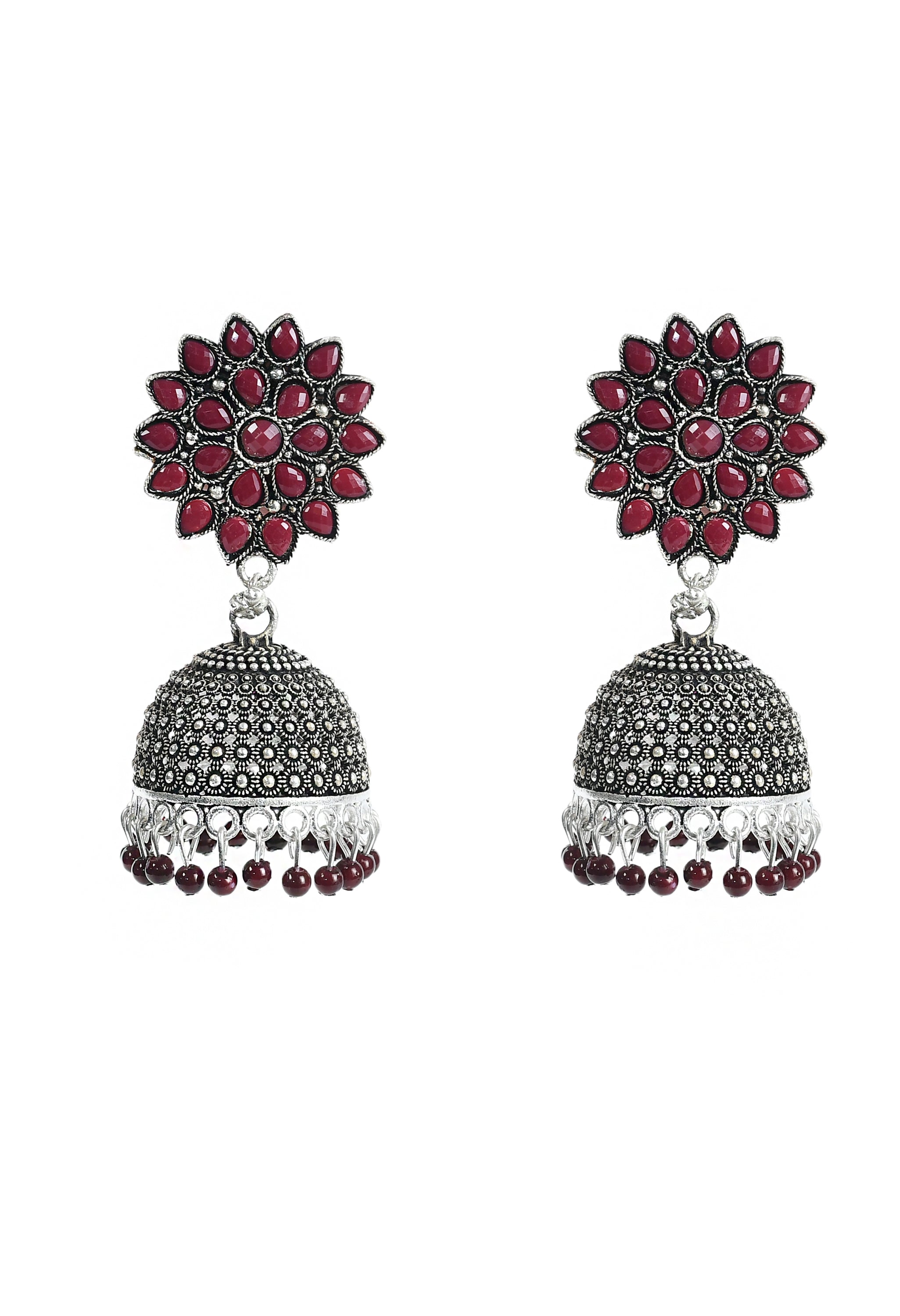 Women's Silver Colour Earrings With Maroon Colour Pearl - Tehzeeb