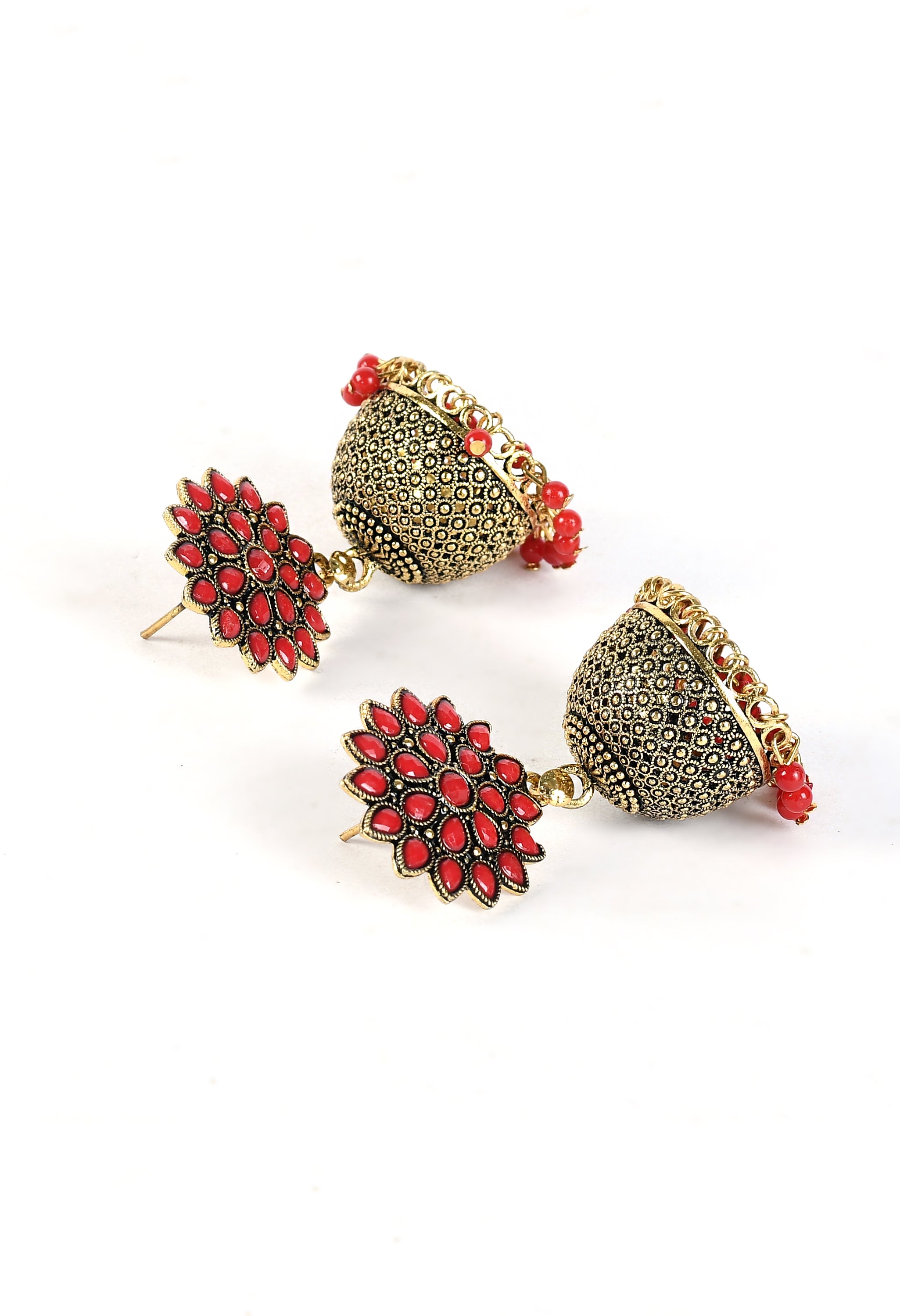Women's Golden Colour Earrings With Red Pearl - Tehzeeb