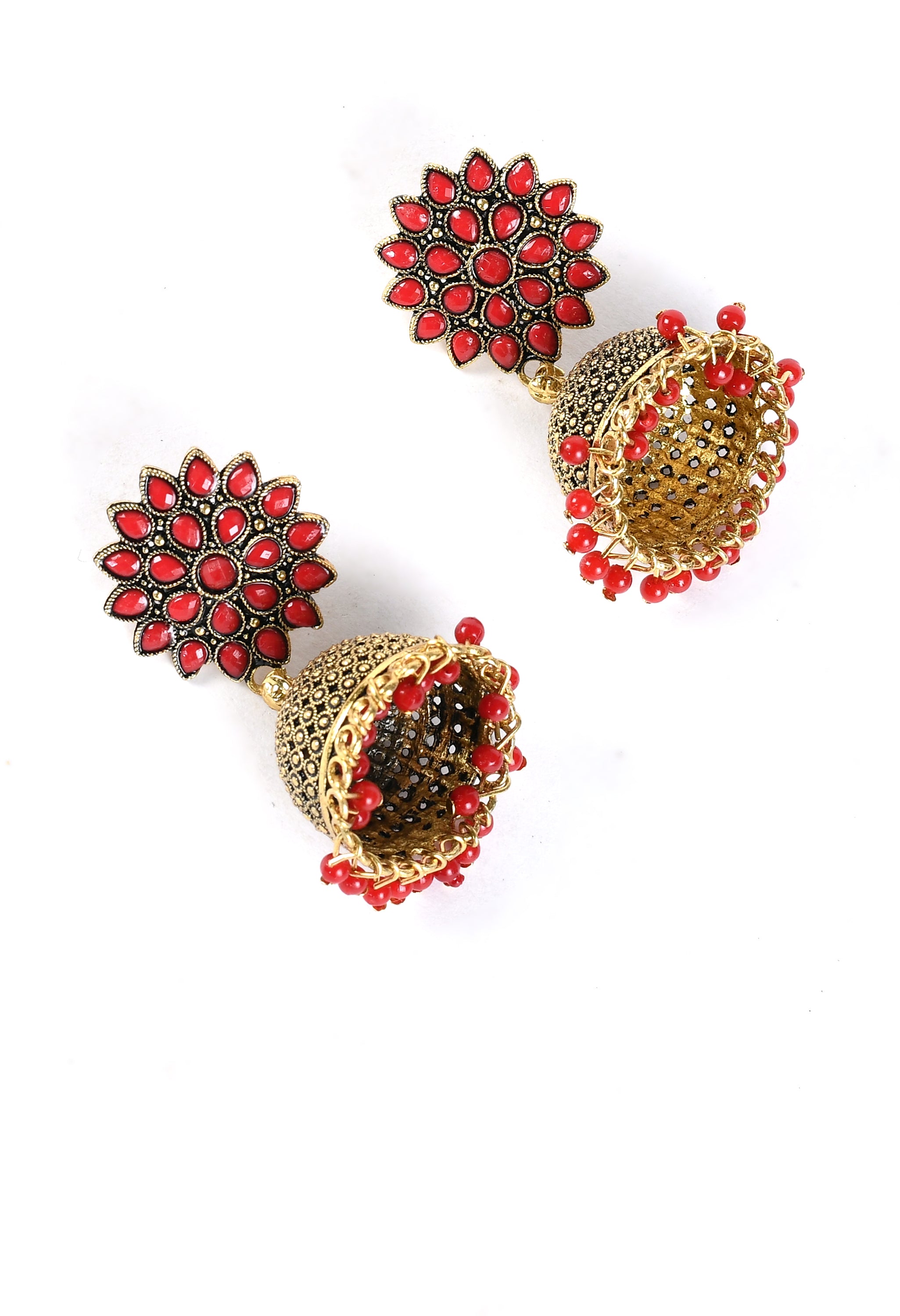 Women's Golden Colour Earrings With Red Pearl - Tehzeeb